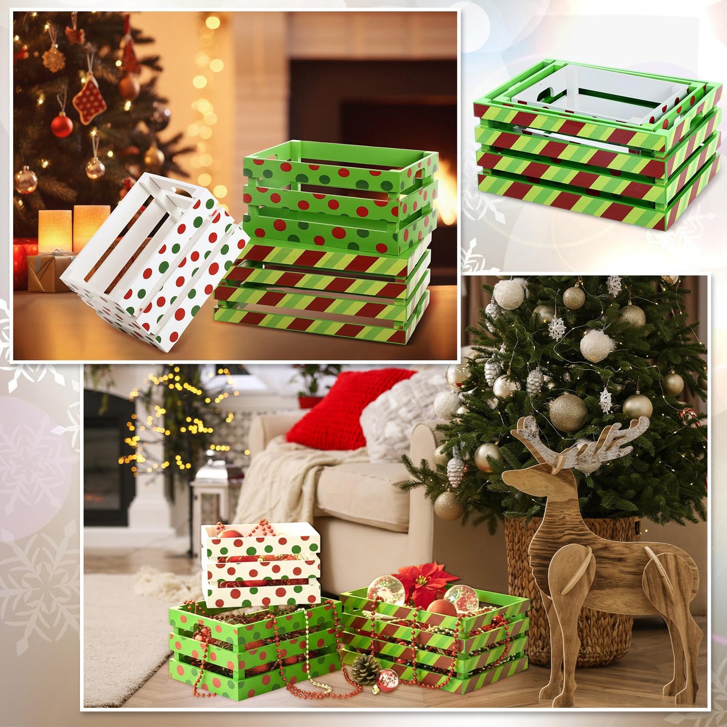 Novabright 3 Pcs Christmas Wood Crates 13'' 11'' 9'' Decorative Rustic Nesting Crate with Handle Farmhouse Wood Storage Basket Gift Boxes for Winter Display Candy Craft Pet Holiday Decor(Clean Style)