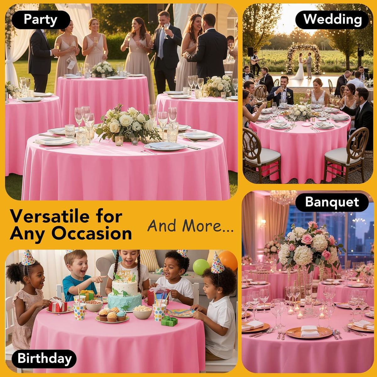 6-Pack Pink Round Tablecloths, 132 Inches, Stain-Resistant Polyester for 6-8 Ft Round Tables - Washable Table Covers for Weddings, Banquets, Birthday Parties, Events