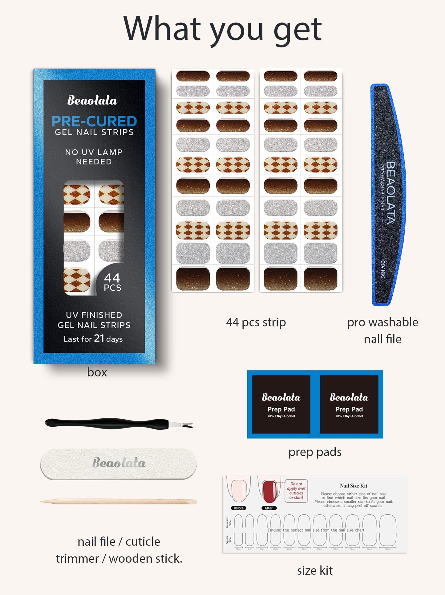 Beaolata Real Gel Nail Strips (No UV Light Needed) - 44Pcs Salon Quality Nail Stickers - Long Lasting Polish Wraps for Women, Easy Apply & Remove (Brown Check Sparkle)
