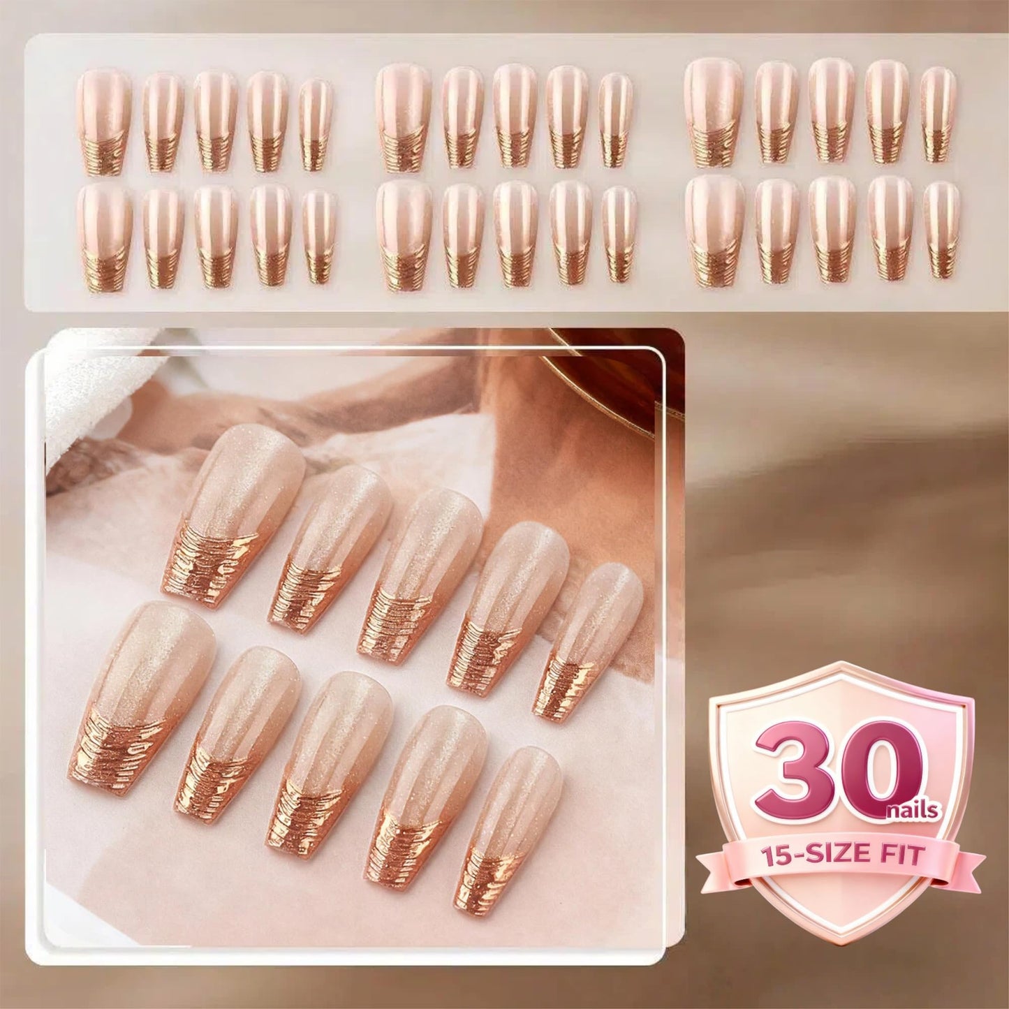 Taoyisent Cat Eye Gold Foil Press On Nails Medium Square Soft Gel Reusable Fake Nails 30PCS Nude Pink Magnetic Glossy Nails Kit