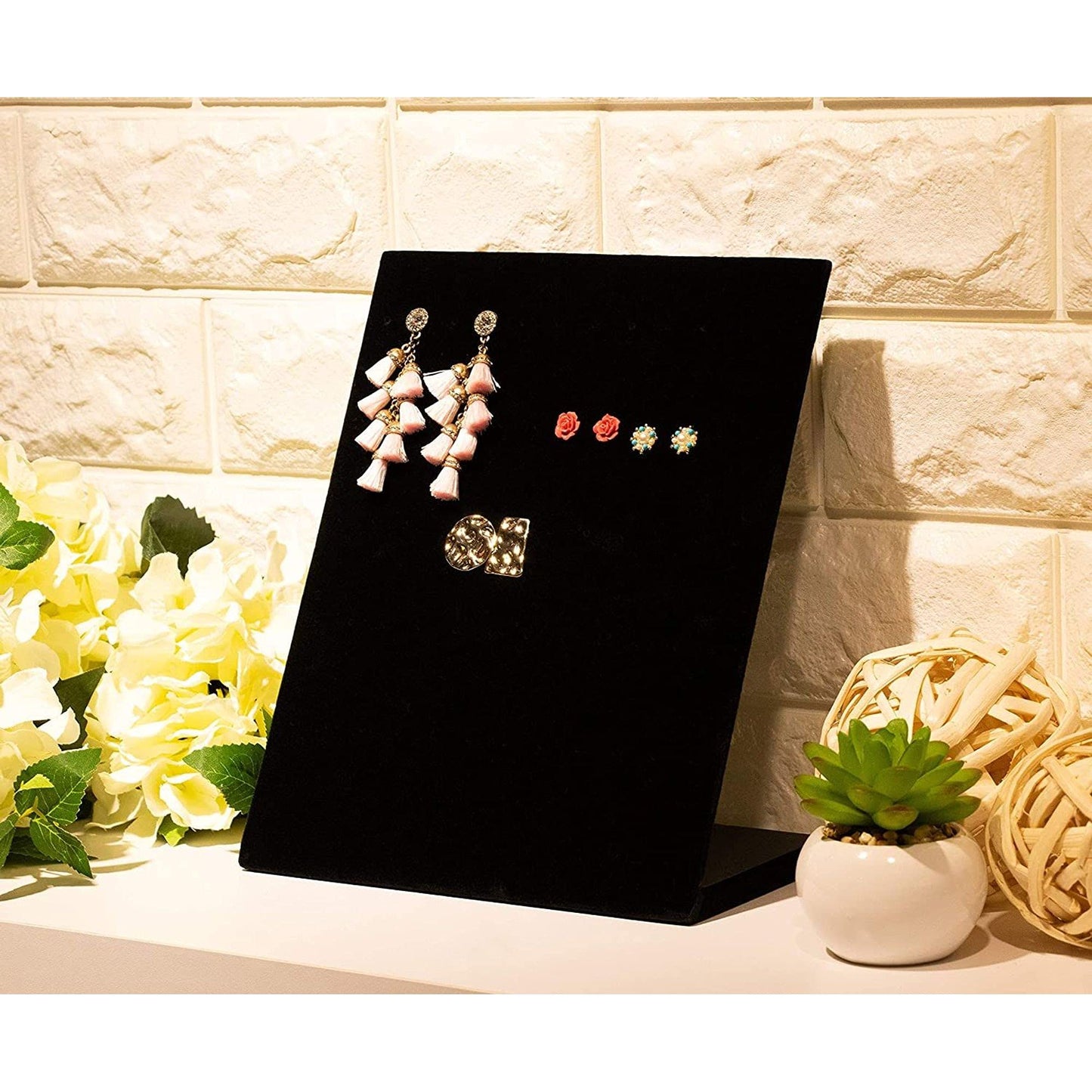 Jewelry Organizer Stand - Black Velvet L-Shape, 9.9 x 7.9 x 4 in - 60 Pre-Punched Holes Earring Display & Jewelry Storage Organizer - Tabletop Rack for Stud & Dangle Earrings