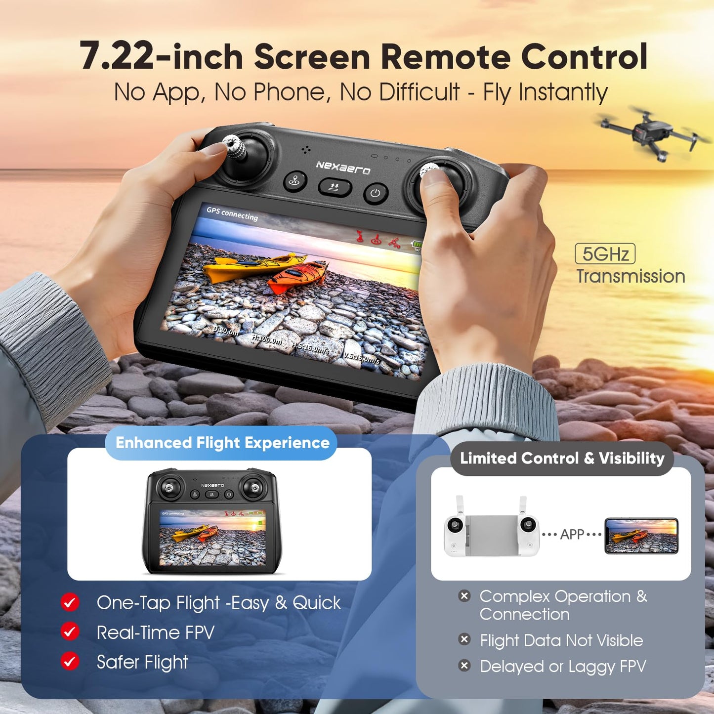 GPS Drone with EIS 2K Camera for Adults, 7.22 inch Screen on Remote Controller, 64 Mins Flight, Long Range Transmission, 3 Speed Adjustable, Follow Me, AI Track, AI Night Shot, Auto Return, Lightweight and Foldable RC Drones for Beginner Toy Gifts, Under