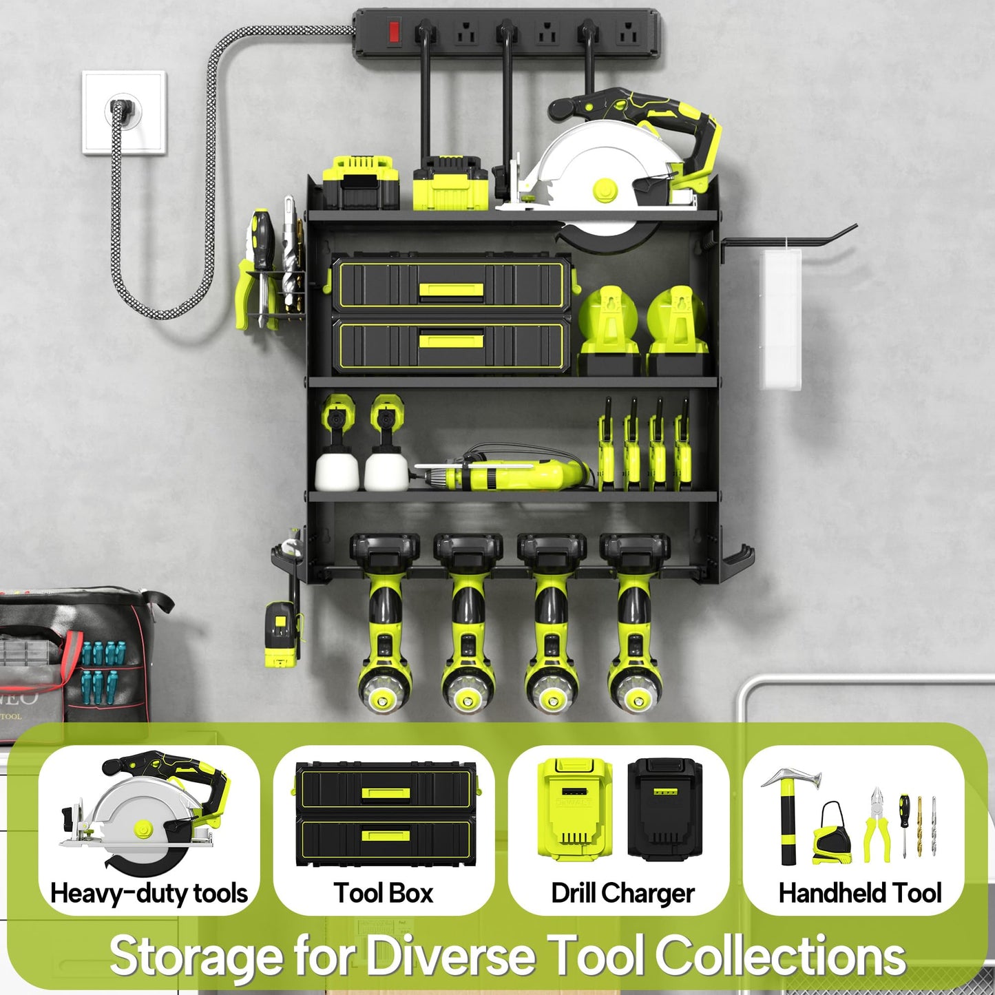 CFMASTER 4 Layer Heavy Duty Power Tool Organizer Wall Mount with Charging Station, Adjustable Metal Storage Rack, 6 Outlets Strip, Drill Holders, Hooks & Drill Bit Rack for Garage, Workshop, Black