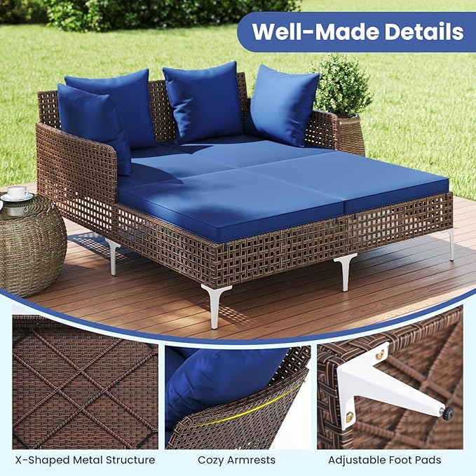 Tangkula Outdoor Rattan Double Daybed, Boho Wicker Chaise Lounge for 2 with Seat & Back Cushions, Outdoor Sunbed Loveseat with Metal Support for Backyard, Poolside & Deck (Navy)