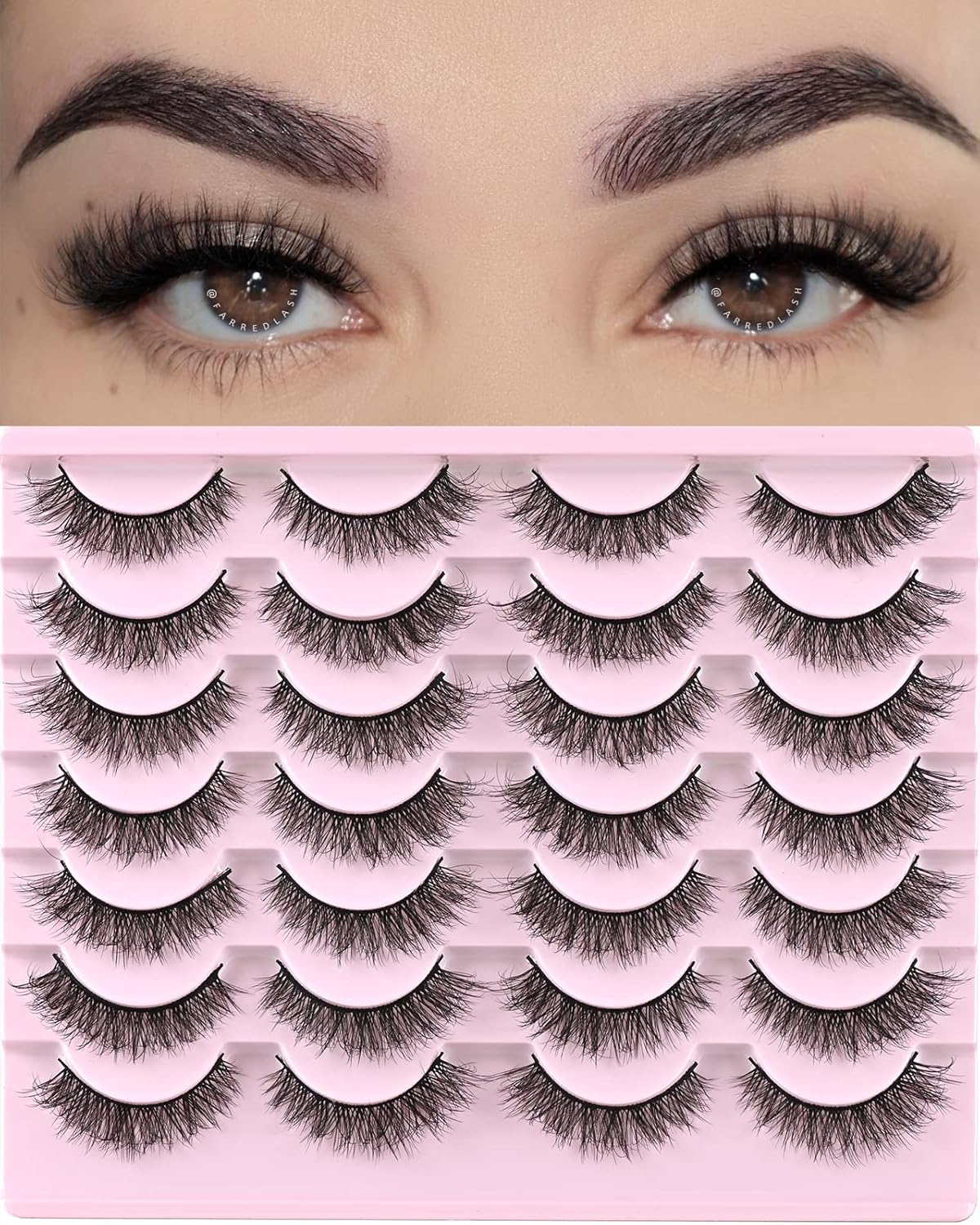 FARRED Natural Lashes Short Eyelashes Wispy False Mink Lash Pack 14 Pair Natural Look Fluffy Cat Eye Strip Eyelash Small Fake Lashes Full Pestañas Sets for MUA and Beginners Daily Makeup (F1 | 8-14mm)