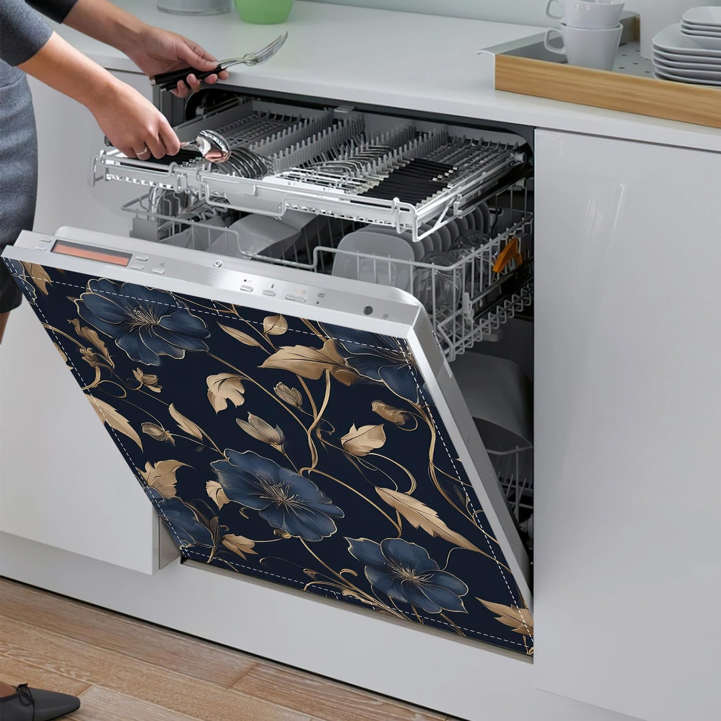 Black Flowers Dishwasher Magnet Cover,Front Dishwasher Cover Decoration Reusable Decorative Magnetic Cover for Home Kitcen Appliance 23x26 Inch