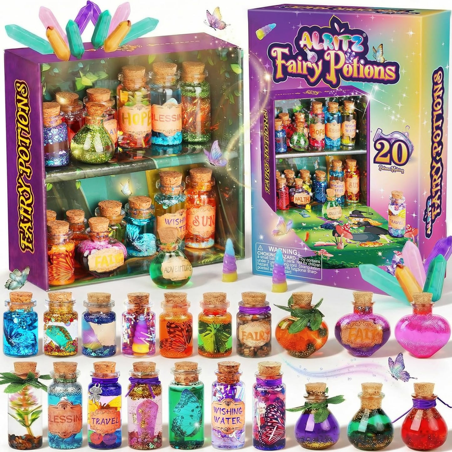 Alritz Fairy Potions Kit for Kids - Magic Potion Making Kit 20 Bottles, Glitter Crystals, Birthday Gifts for Girls 6 7 8 9 10 11 12 Year Old, Creative Craft Indoor Activity Party