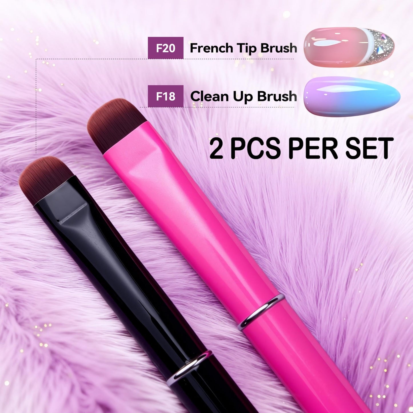 Clean Up Brush, 2-Pack Professional Kolinsky Sable Nail Art Brushes for Gel, Polygel, Acrylic Nails - Precision Detailing Set (Pink F18 + Black F16) (Pink(F18) & Black(F16))
