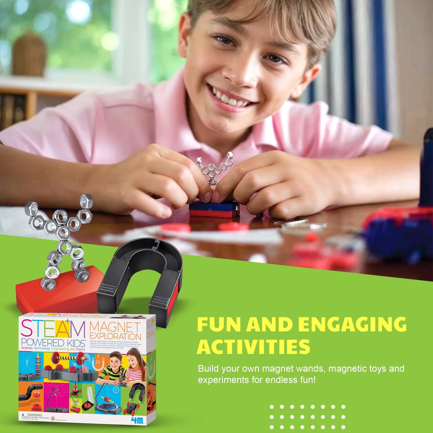 4M - STEAM Magnet Exploration - Hands-On Science Kit with Magnetic Toys Experiments for Kids Ages 5+ - Includes Magnet Toys Wand, U-Shaped Magnet, More - Educational STEM Toy GIF, Magnet Science Kit