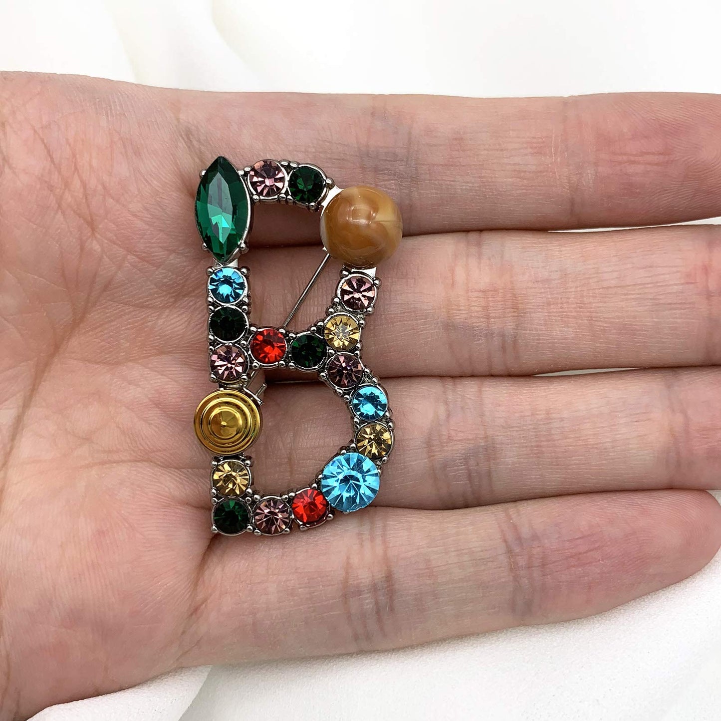 XGALBLA Letters B Plated Metal Stone Clear Colorful Crystal Lapel Pin Brooches Collar(Silver Tone)