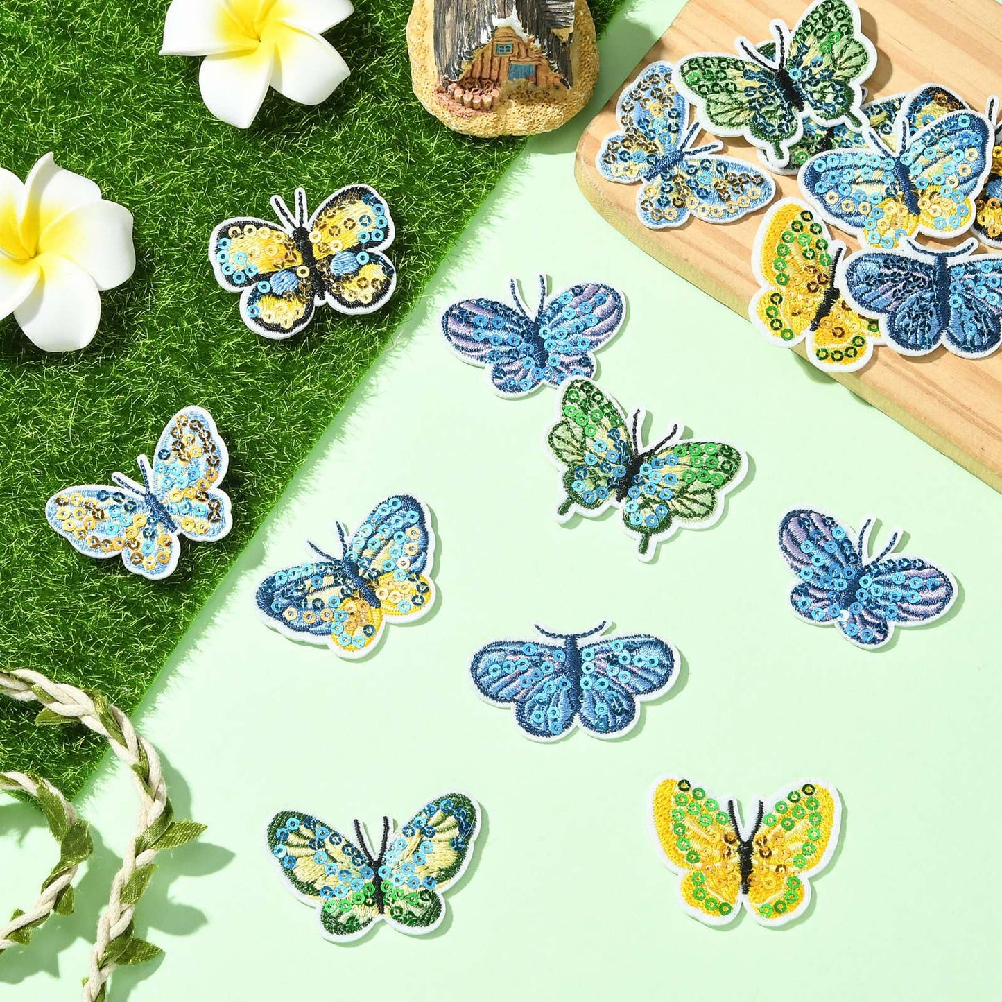 Gythara 16 Pcs 8 Styles Spring Butterfly Theme Polyester Patches Sequin Insect Animal Iron on Embroidery Appliques for Clothes Bag Backpack Sewing Craft Costume Accessories