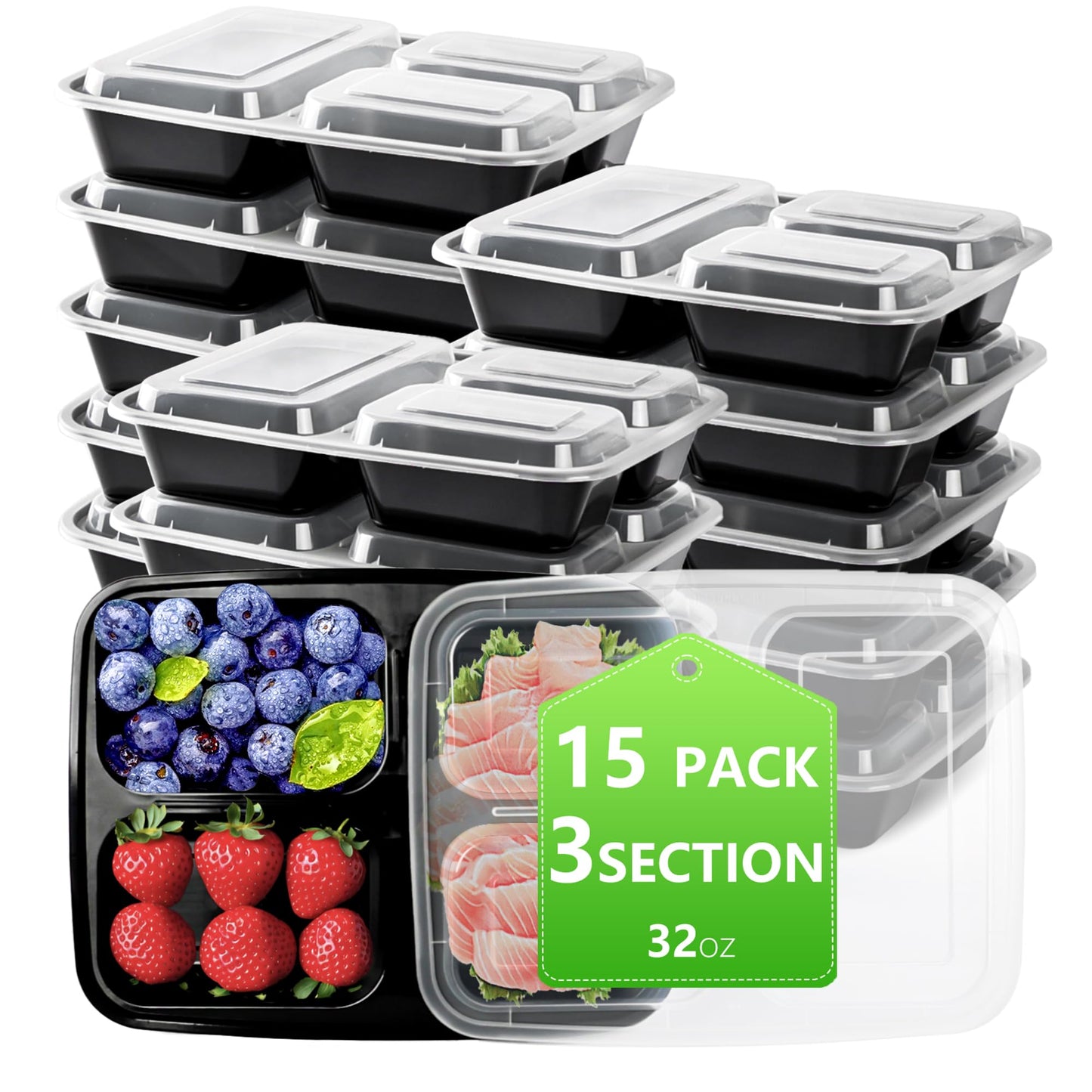 NutriBox 32oz Meal Prep Containers 3 Compartment Food Container with Lids 15 Pack, Durable Reusable Snack Box Containers, Microwaveable Food Storage Containers Lunch Containers for Women and Men