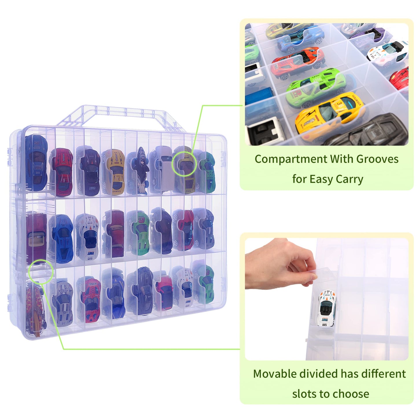 KISLANE Double Sided Toy Car & Doll Storage Case - 48 Compartments, Portable Transparent Case