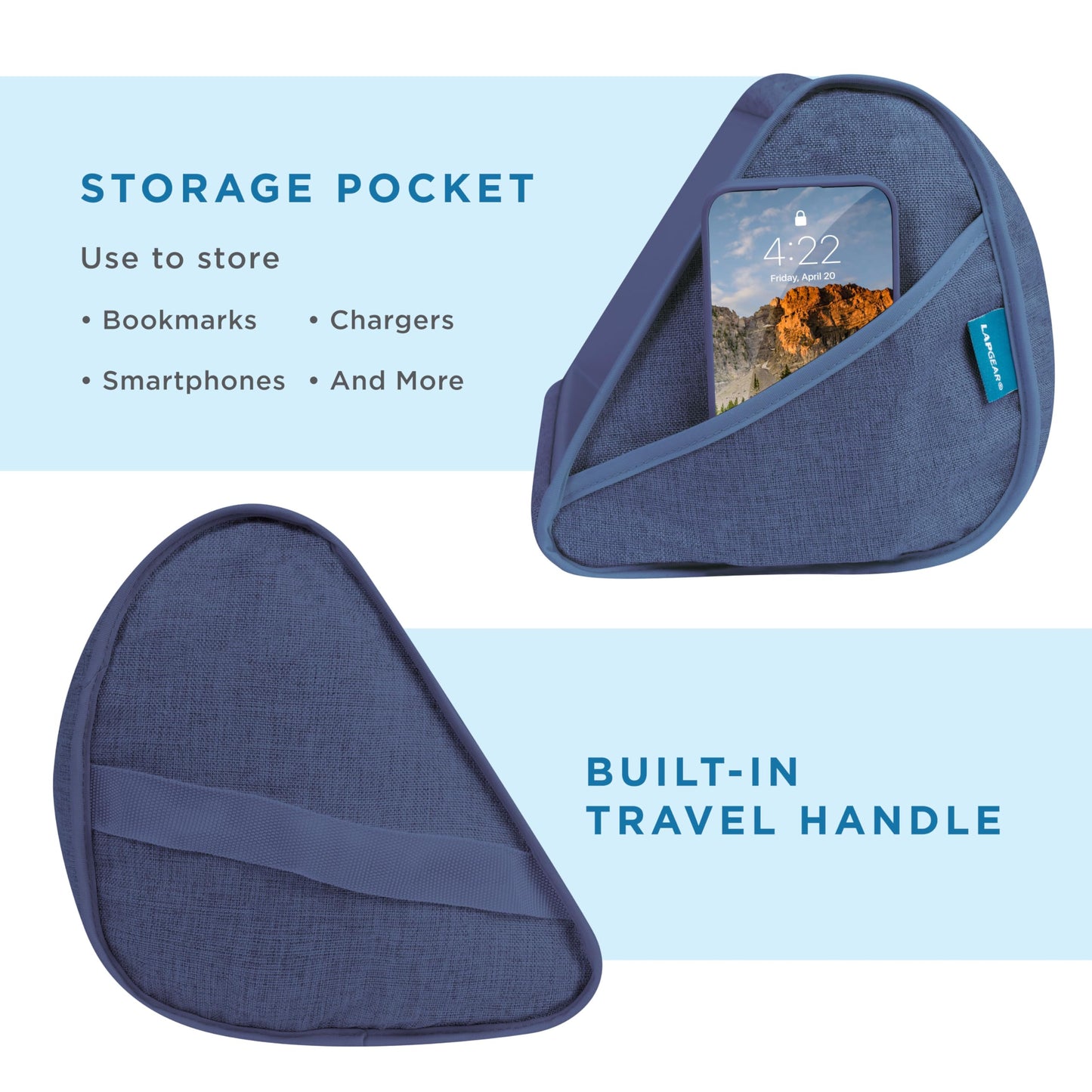 LAPGEAR Book Pillow – Lap Reading Cushion with Built-in Book Stand – Fits 6x9 Books & Similar Sizes – Denim Blue – Style No. 33203
