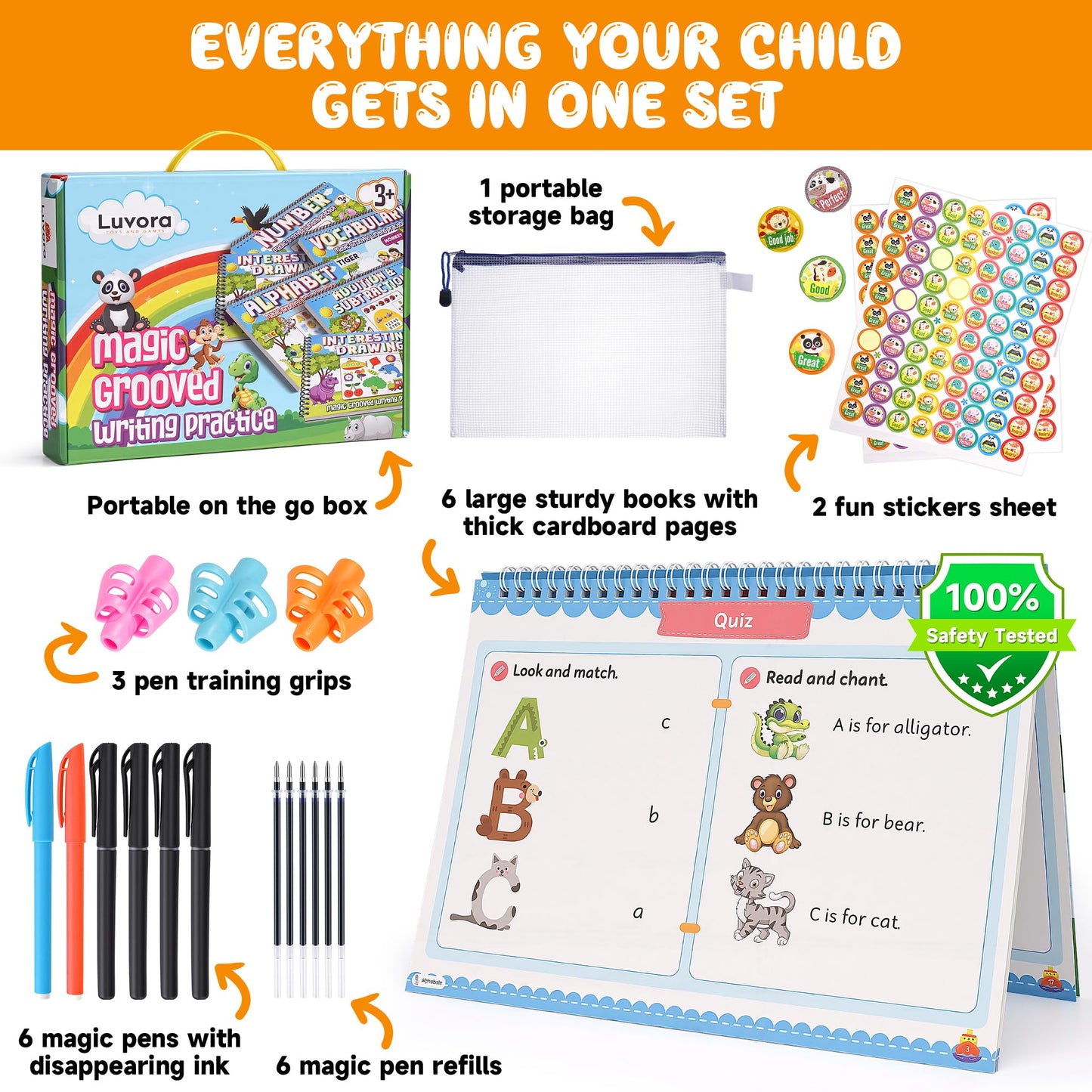 LUVORA Magic Grooved Writing Practice for Kids Ages 3-8, Reusable Handwriting Practice Books Set (6 Books) with Disappearing Ink Pens, Letter/Number Tracing, Preschool & Kindergarten Learning Kit