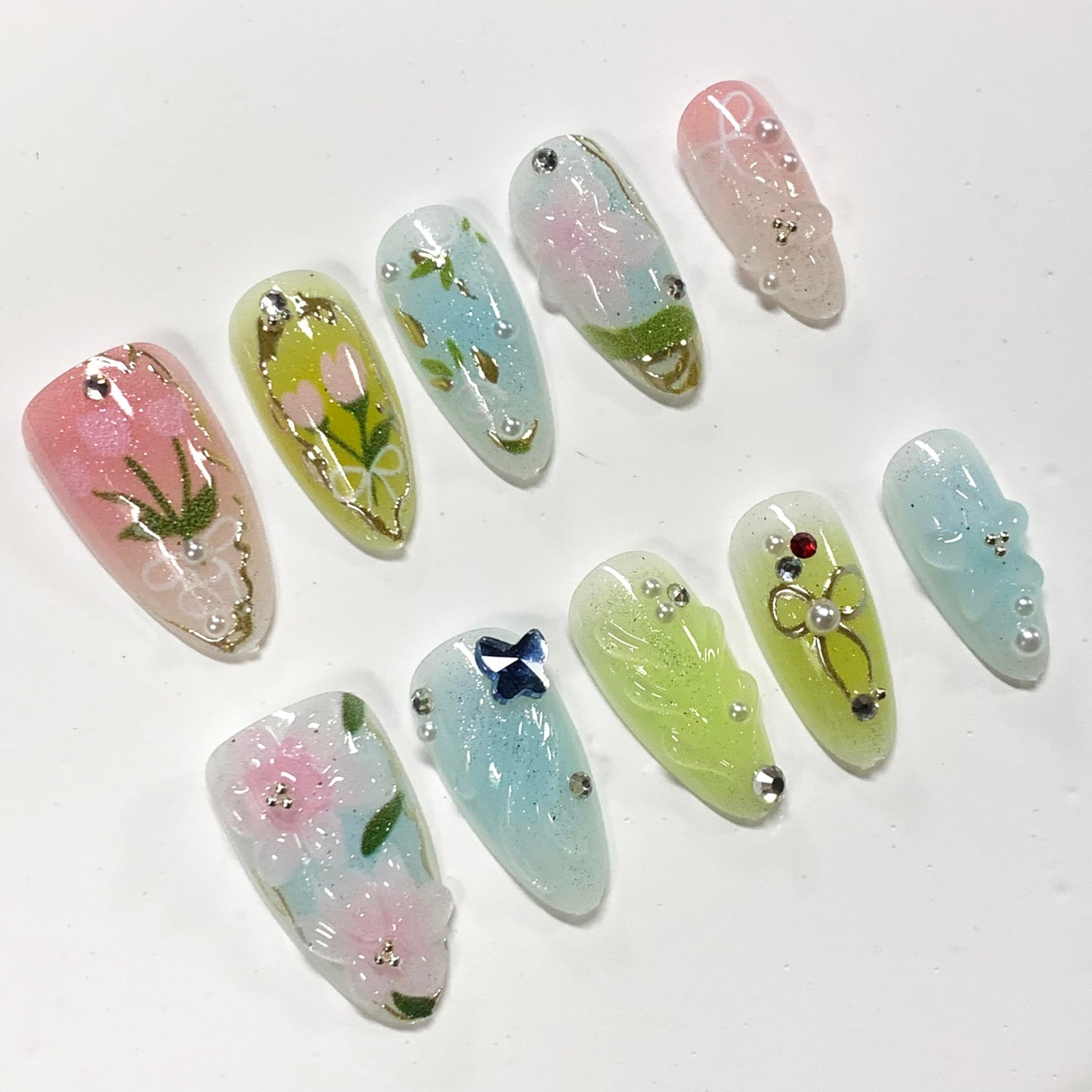 BABALAL Spring Press On Nails Almond, Medium Fake Nails, Pink Green Ombre With 3D Floral & Butterfly 3d Handmade Design, Glue On Nails 30Pcs