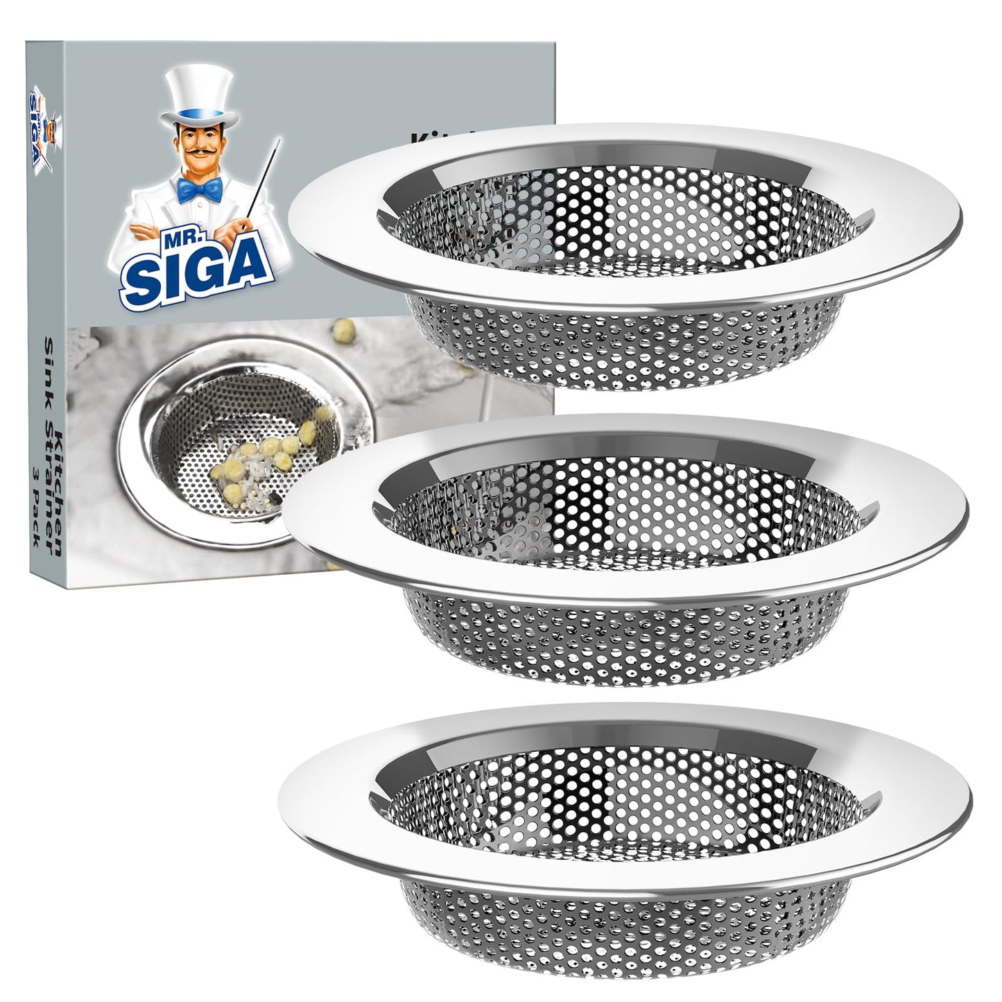 MR.SIGA Kitchen Sink Strainer, Stainless Steel Sink Drain Strainer, Dishwasher Safe, Outer Diameter 4.4 inch/11.2cm, Inner Diameter 3 inch/7.6cm, Pack of 3