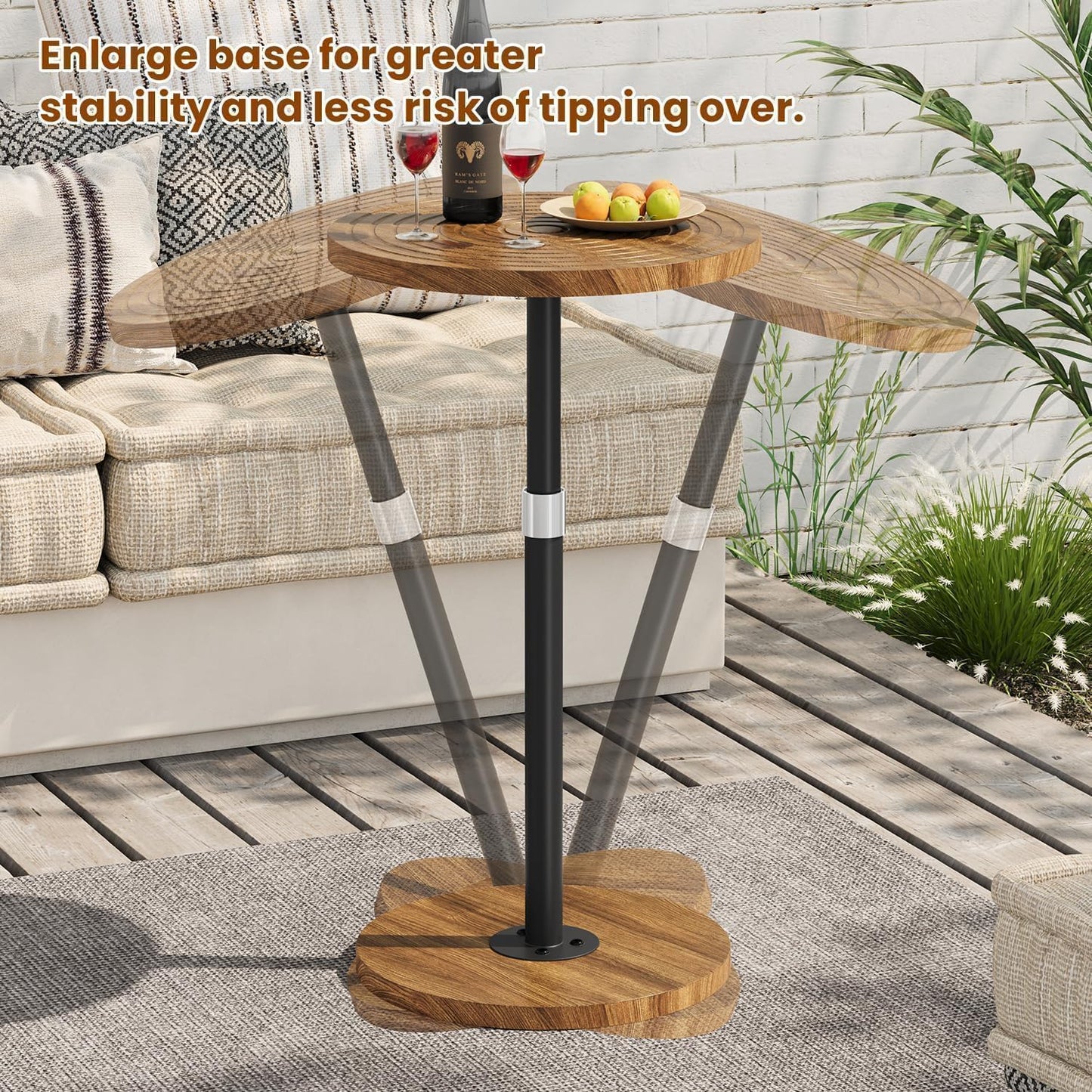 Asgolion Round Small Side Table, Adjustable-Height Drink Table, Pedestal Martini Stand, Weighted Base Cocktail Table Accent Nightstand for Living Room, Bedroom, Bathroom, Office, Walnut