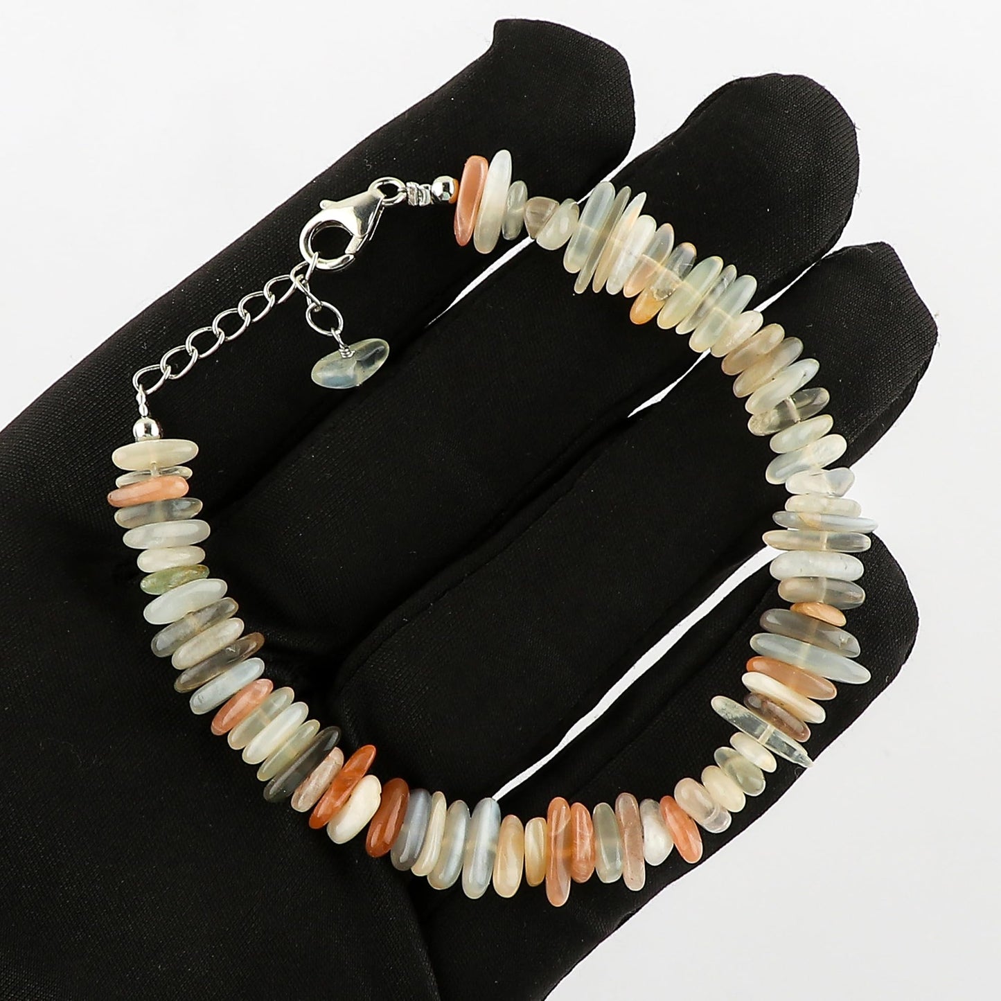 CRYSTALIS Natural Multi Moonstone Plain Submarine Beads Adjustable Gemstones Bracelet, Chakra Healing Stones, Gift Giving Jewelry, 925 Sterling Silver Womens Bracelet 8 inch [June-Birthstone]