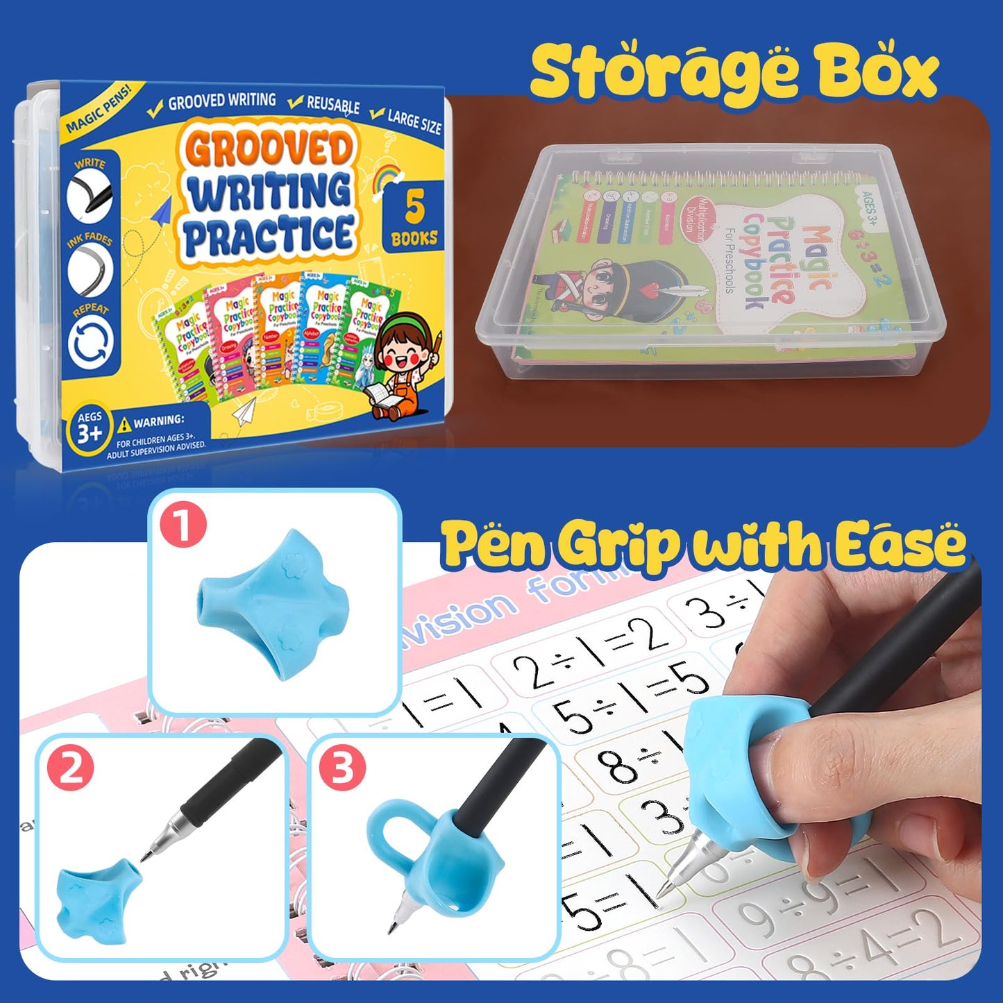 Magic Grooved Writing Practice Books for Kids Age 3-5 6-8, Reusable Large Size Grooved Writing Practice Copybooks, Handwriting Practice, Kids Writing Helper