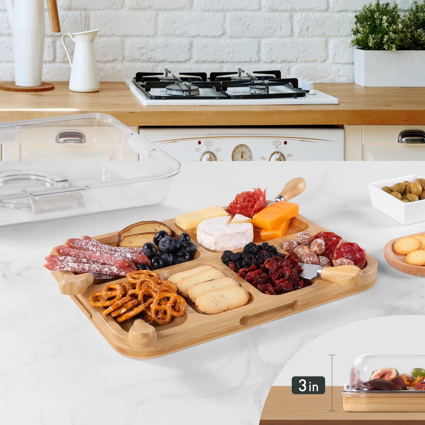 Charcuterie Board with Clear Lid, 2 Side Large Bamboo Cheese & Cutting Board for Kitchen, Includes 2 Plastic Cutting Mats & 4 Cheese Knives, Perfect for Snacks, Charcuterie Boards Gift Set