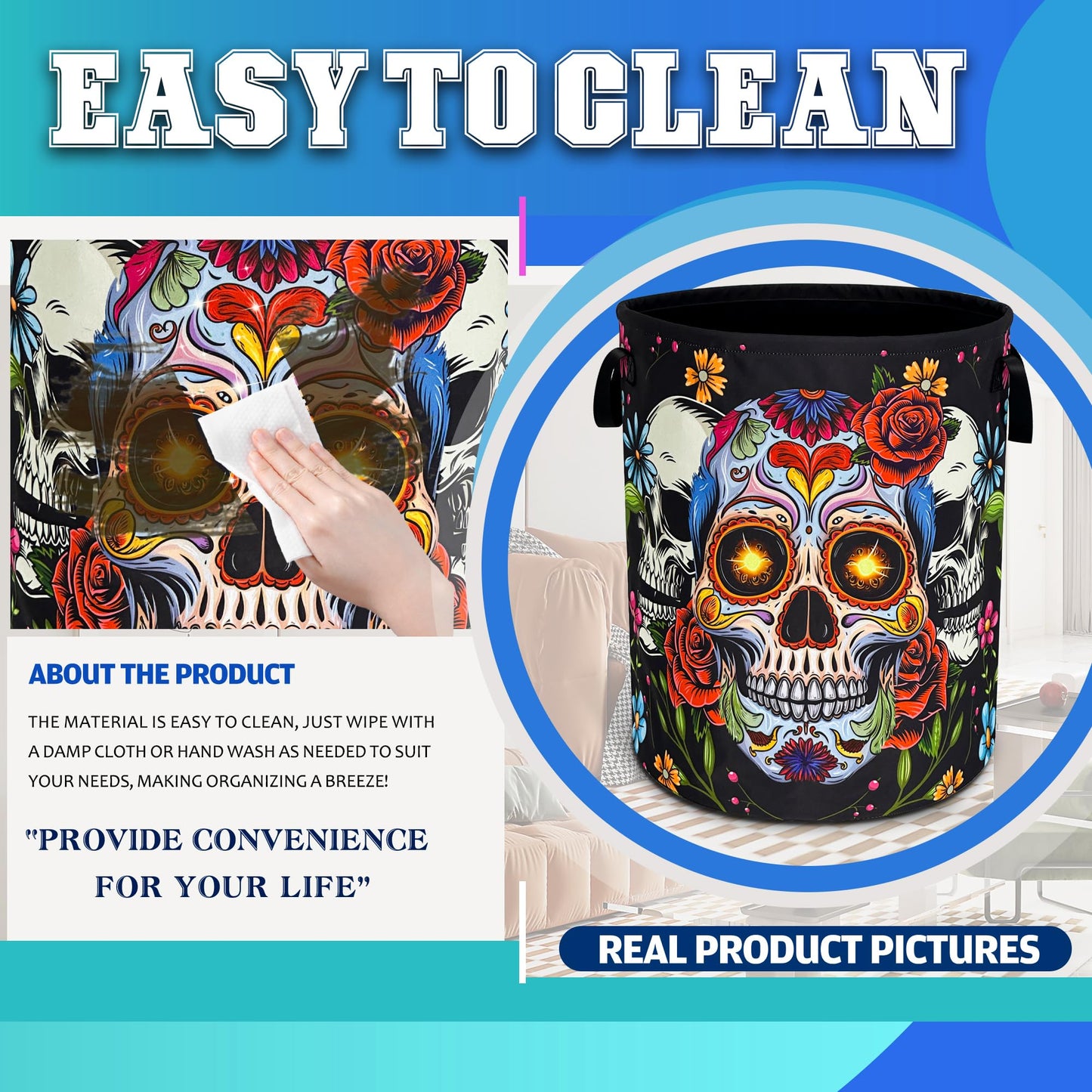 Sugar Skull Laundry Basket Skeleton Print Oxford Cloth Laundry Hamper With Handle Foldable Portable Clothes Storage Basket 18.9 X 16.5 In Storage Bag For Laundry Room/Bathroom/Bedroom/Dormitories