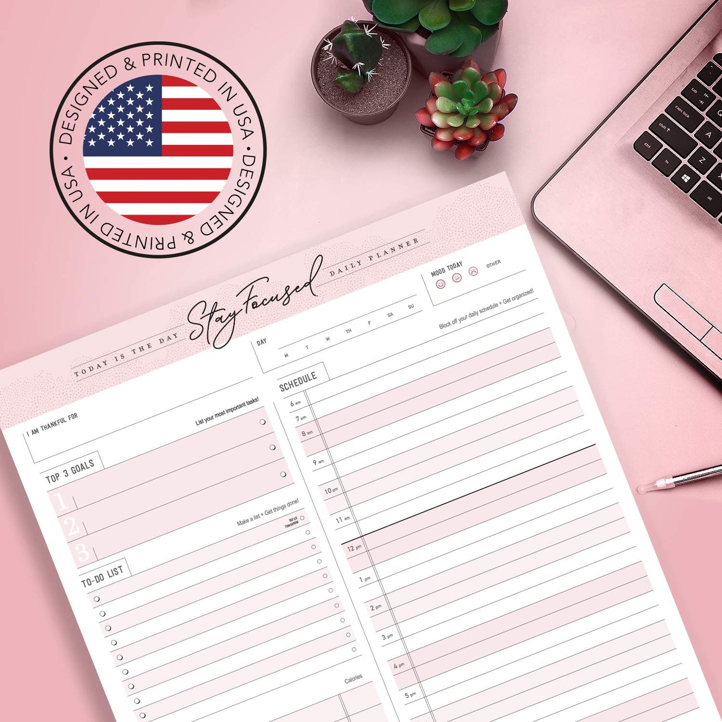 Daily Notepad Planner To Do Schedule - Stay Focused 50 Tear off Premium Made USA (Rose Pink)