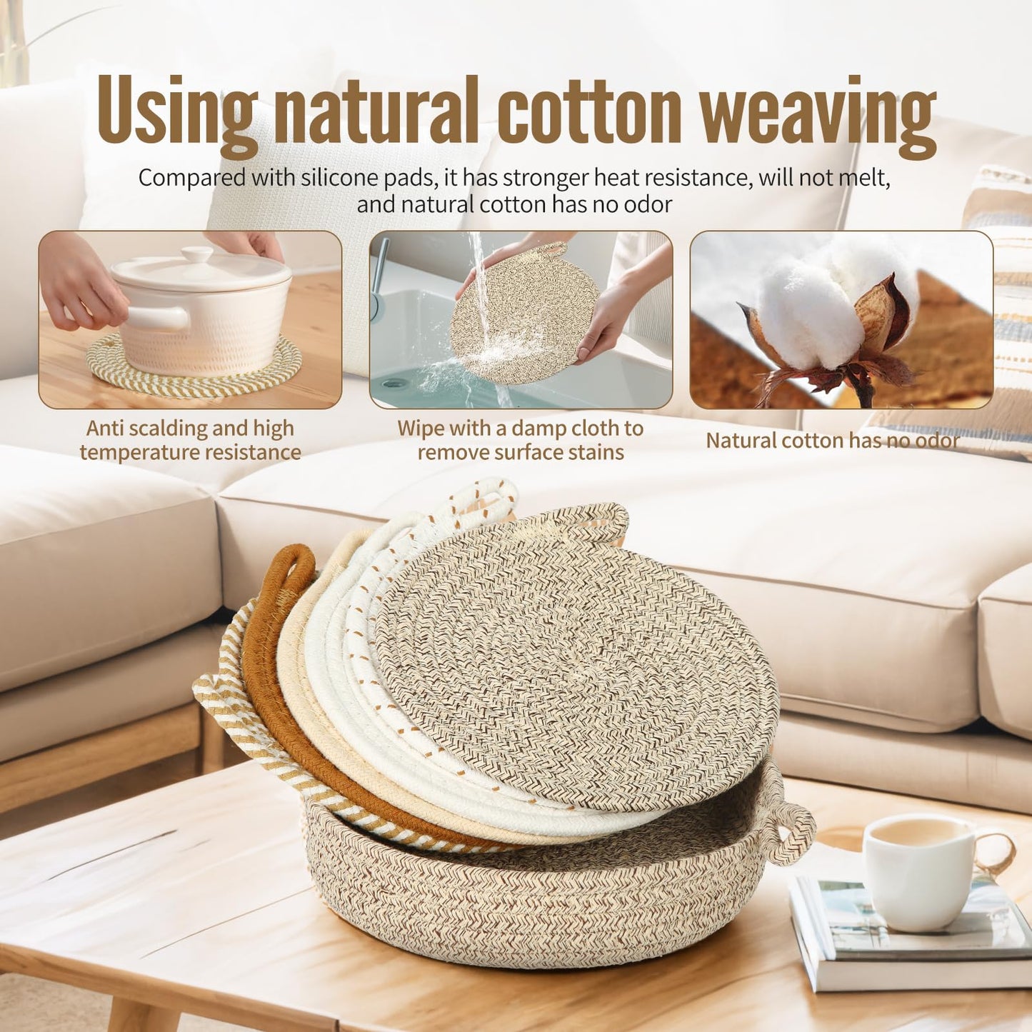 Hot Pads for Kitchen & Quartz Countertops – 6-Pack 8-Inch Cotton Trivets for Hot Dishes, Pots and Pans, Machine Washable Farmhouse Kitchen Decor with Storage Basket