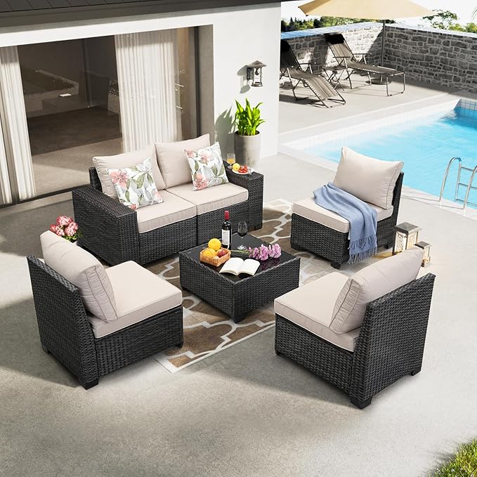 6 Pieces Patio Furniture Set All-Weather Outdoor Wicker Sectional Conversation Sofa Rattan Patio Seating Sofa with Cushion and Glass Table for Porch Poolside,Beige