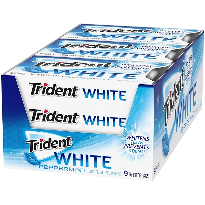 Trident White Peppermint Sugar-Free Chewing Gum, 9 Packs of 16 Pieces (144 Total Pieces)