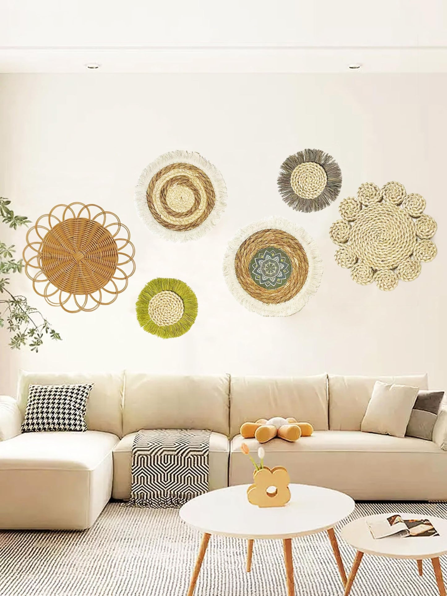JYSHLCAH 6 Pcs Boho Wall Baskets Decor Rattan Woven Decorations Round Hanging Wall Ornaments for Home Decor