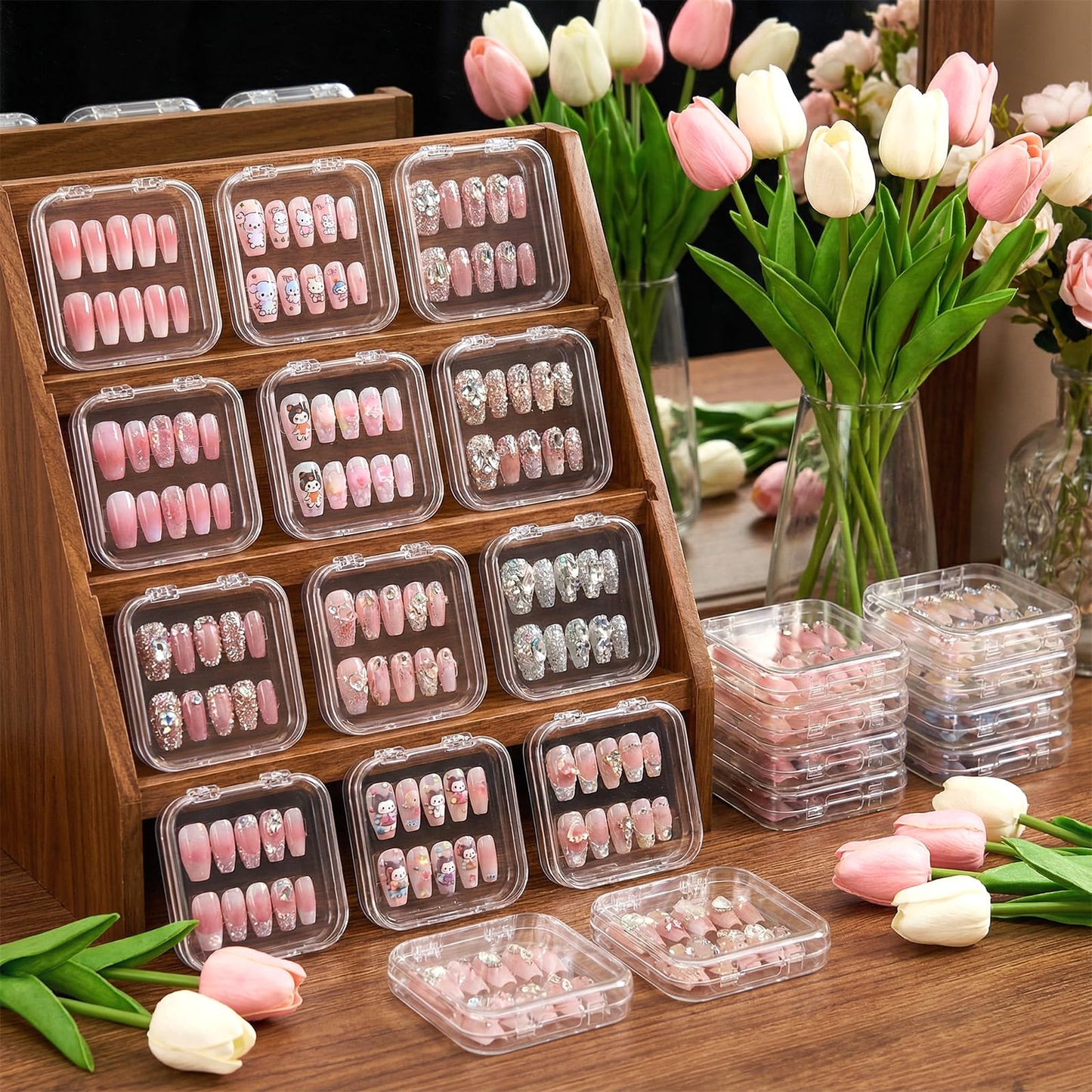 48 Pack Press On Nail Storage Box Clear Acrylic Nail Organizer Display Case with 180 Adhesive Double Sided Tape for Fake Nails, Nails Packaging Supplies