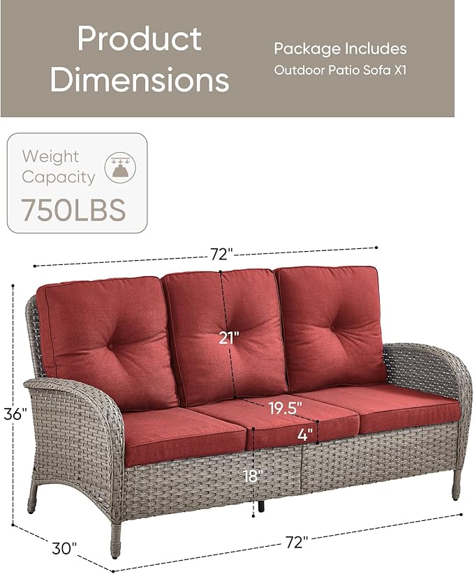 HUMMUH Outdoor Patio Couch-Outdoor Rattan Couch with Thick Cushions Outdoor Sofa for Deck Lawn Porch Balcony Poolside-Grey/Red
