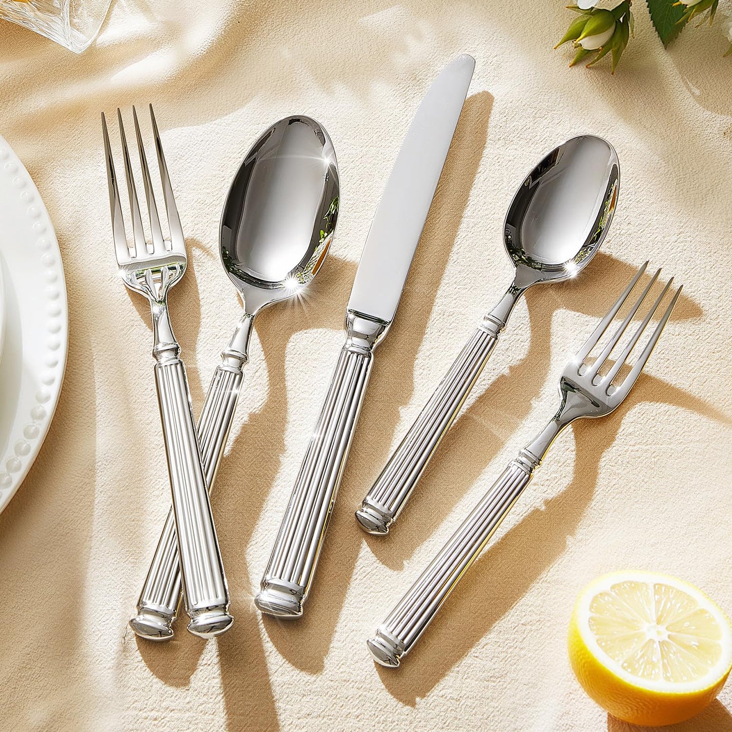 KINGSTONE Silverware Set, 20-Piece 18/10 Stainless Steel Flatware Set - Roman Column Embossed Thick Handle, for Wedding, Home, Restaurant, Kitchen and Party, Mirror Polish & Dishwasher Safe