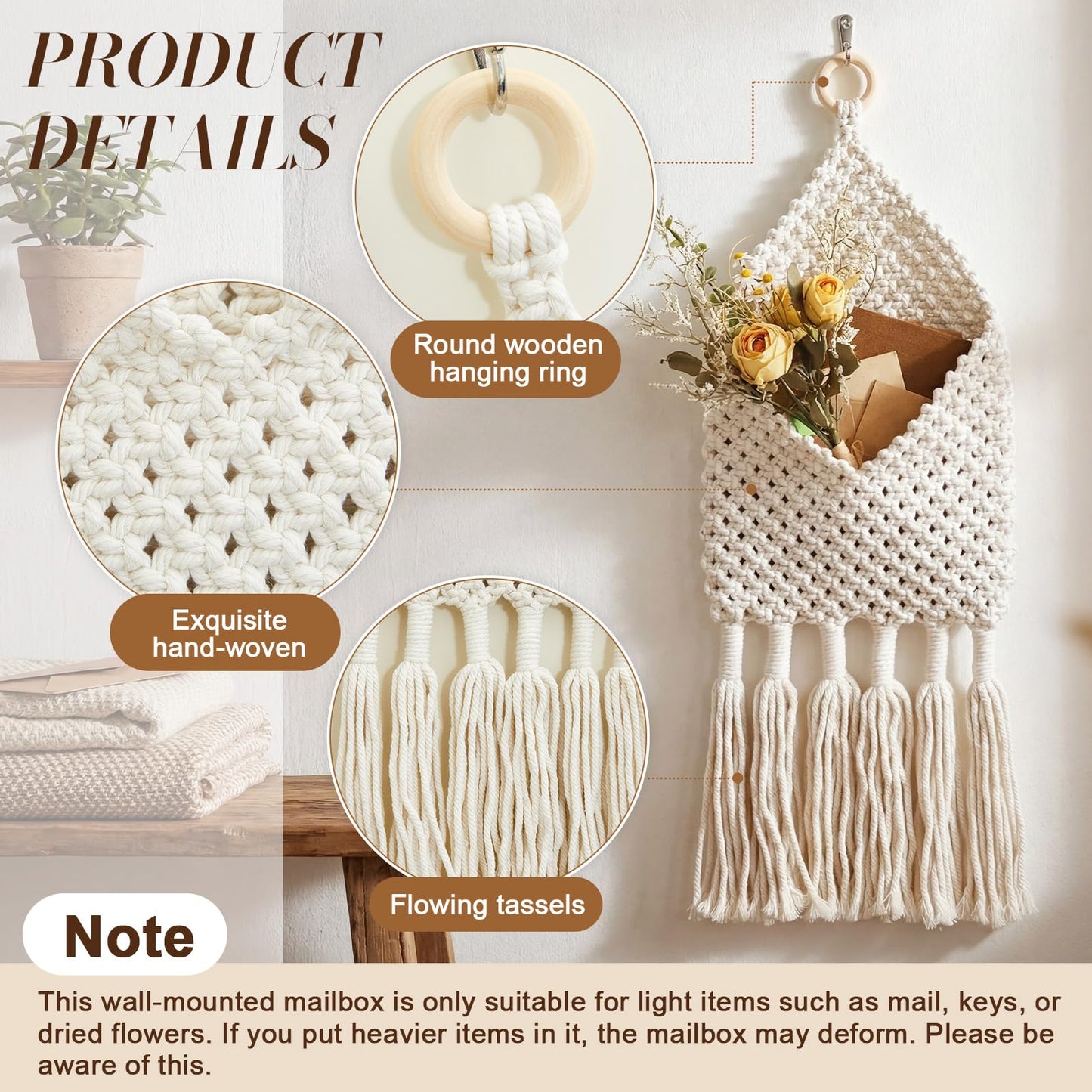 Marspark 2 Pack Boho Mail Holder for Wall, Handwoven Mail Organizer with Hooks, Cotton Rope Hanging Basket for Letters, Keys and Small Items for Entryway Home Office Hallway Decor, White