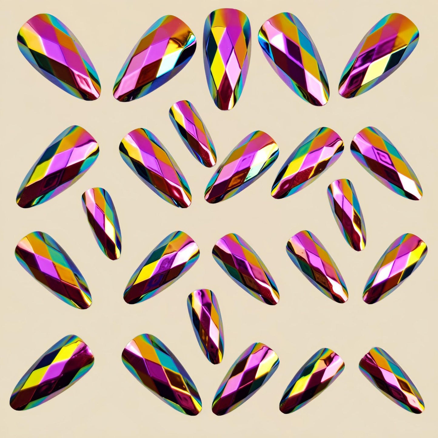 RUOKEXIN Medium Length Press on Nails Almond Fake Nails Multicolor Chrome False Nails with 3D Rhombus Designs Chrome Nail Press ons Sparkly Artificial Nails for Women 24Pcs