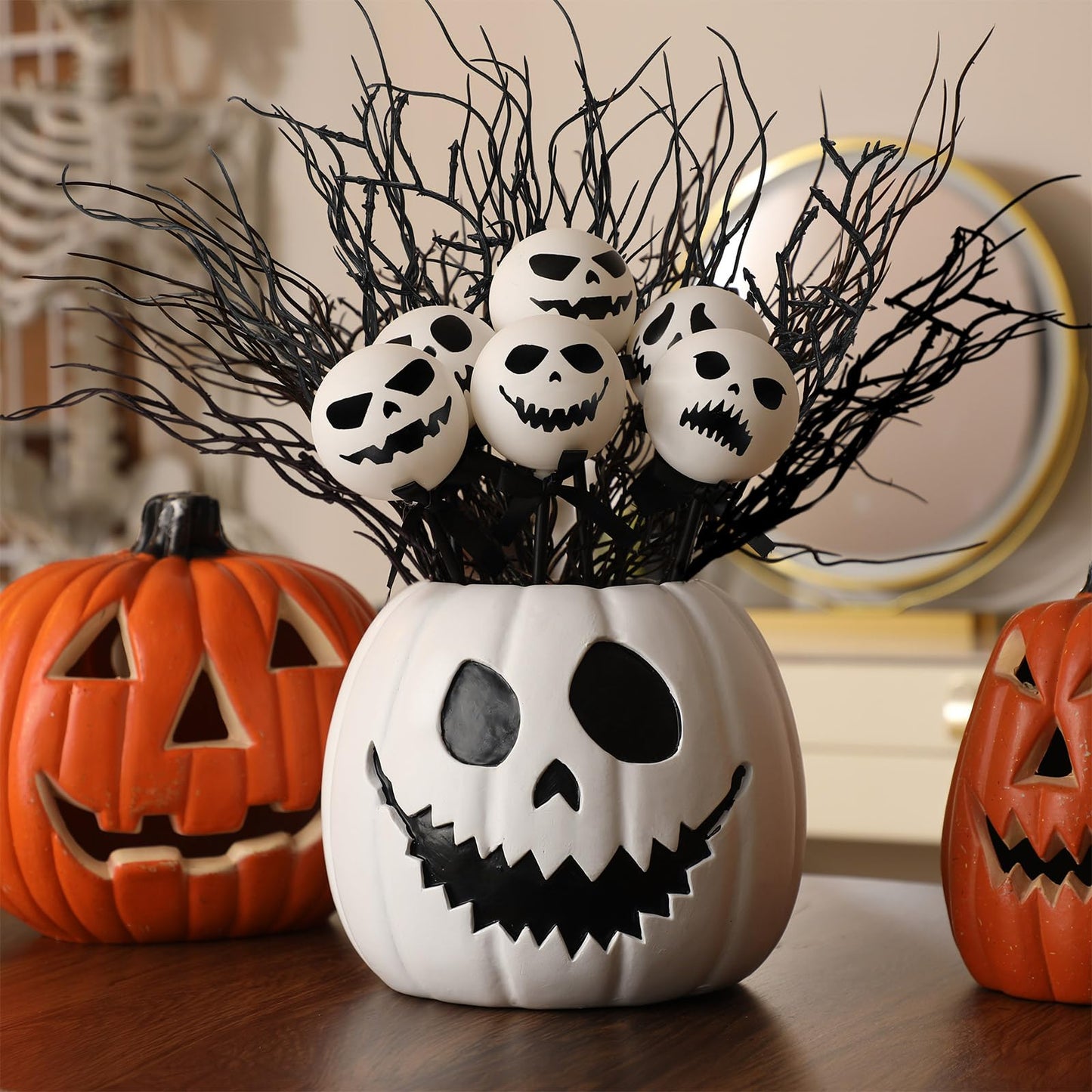 Wiwiqing Halloween Table Centerpieces Decor Resin Pumpkin Vase with Artificial Ghost Skull Face Balls Branch Flower Soil, Retro DIY Spooky Pumpkin Vase for Home Kitchen Indoor Decoration(Scary Face)