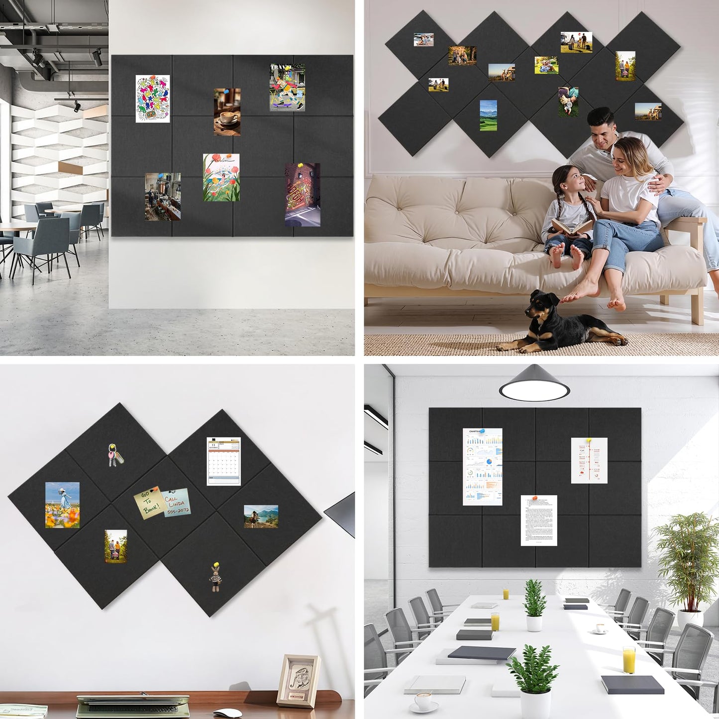 Large Cork Boards for Walls, 48" x 36", 12 Pack Bulletin Boards Alternative, Cork Board for Office, Black Felt Wall Tiles, with Removable Nano-Adhesive and Pushpins
