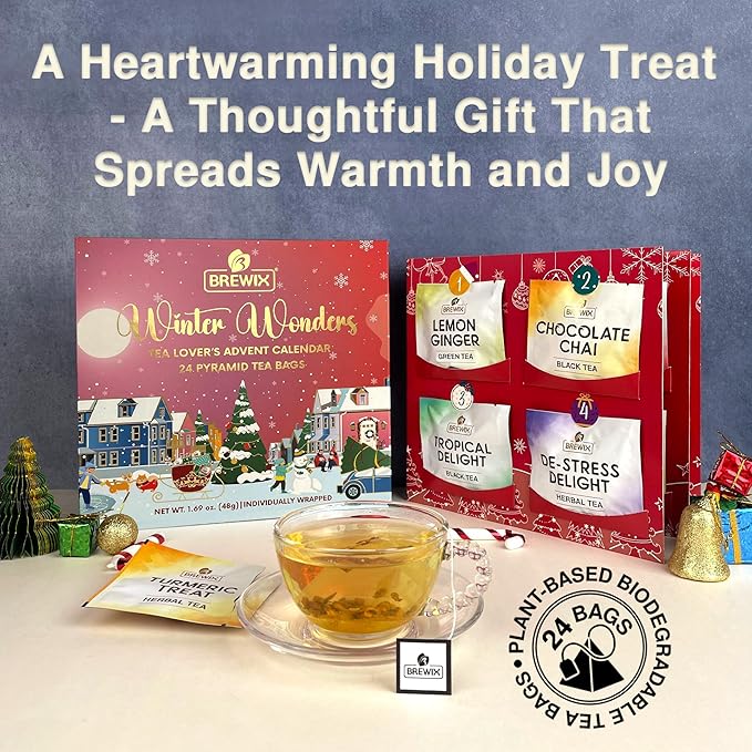BREWIX, 2025 Advent Calendar Tea Bags | 24 Delightful Black & Green Tea Infusions in Pyramid Tea Bags - Holiday Gift Box | Christmas Gift Idea for Tea Lovers, Countdown Set | Holiday Variety Sampler for Tea Lovers