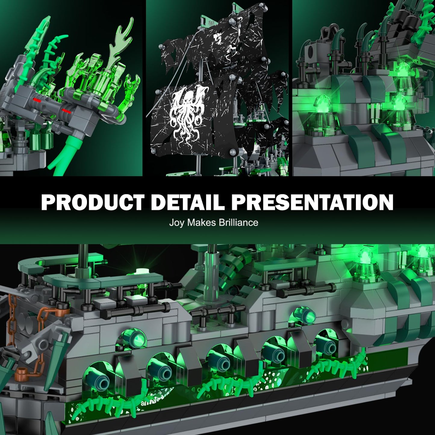 NUTCRACKER Pirate Ship Building Blocks Set with LED Lights, Ghost Ship Flying Dutchman Toy Building Sets for Adults, DIY Sailboat Model Kit for Easter, Halloween, Birthday's Gift (1100 Pcs)