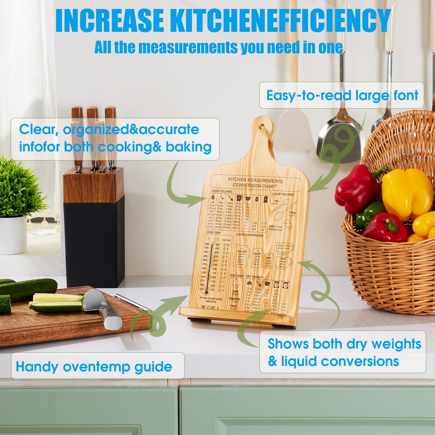 Housejoy Wooden Cookbook Stand with 2 Aprons, Hieght Adjustable Bookholder for Kitchen Counter, Cookbook Holder Stand Wood Sturdy with Measurement Conversion Chart, Foldable Easel for Kitchen