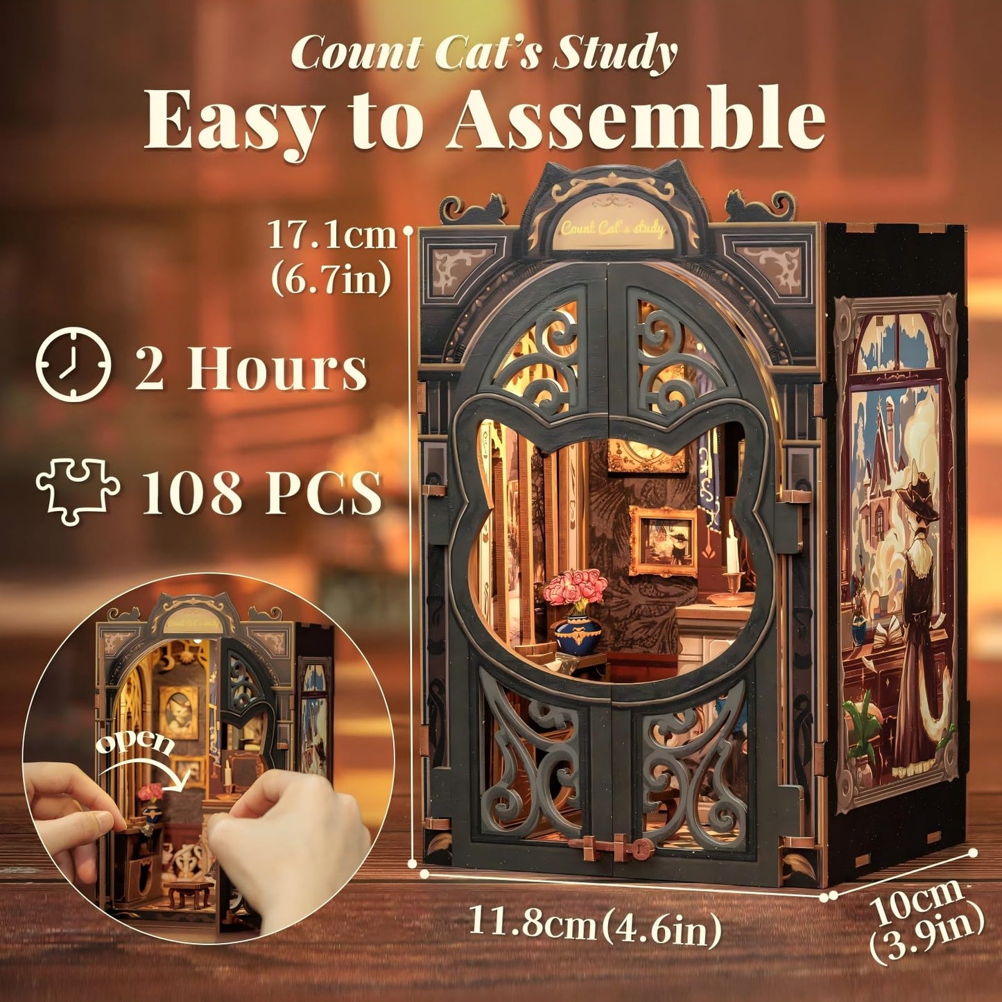 Fsolis Book Nook Kit Cat, DIY Scene Miniature Kit 3D Wooden Puzzles for Adults Booknook for Beginners Bookshelf Nook Decor Mini Building House, Gift for Women Readers Book Lovers (Count Cat's Study)