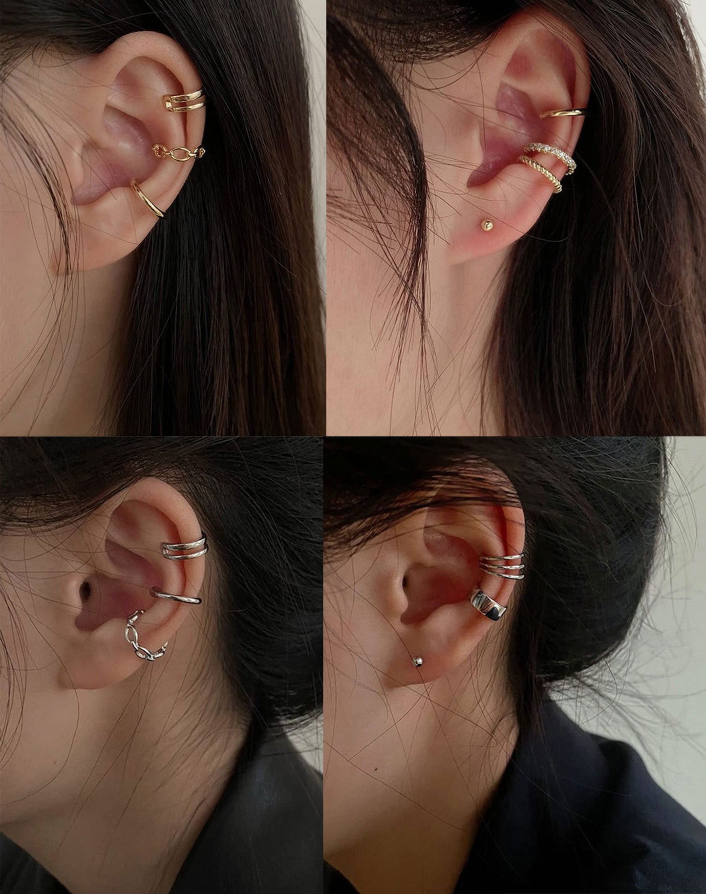 Tornito 4-10 Pairs Ear Cuff Helix Cartilage Clip On Wrap Earrings Fake Nose Ring Non-Piercing Adjustable (A6:10Pairs, Gold Tone)