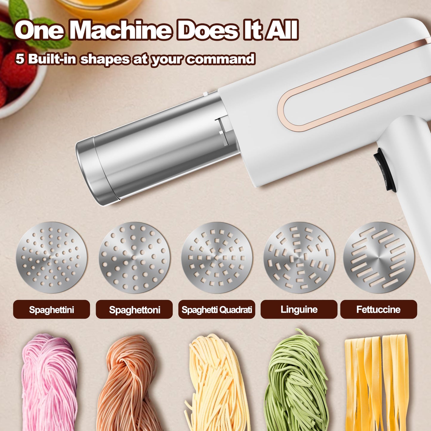 Bestery Electric Pasta Maker Machine 5 in 1 Cordless Handheld Automatic Noodle Maker for Homemade Spaghetti Making Tool Durable and Compact DIY Pasta Press in the Kitchen White