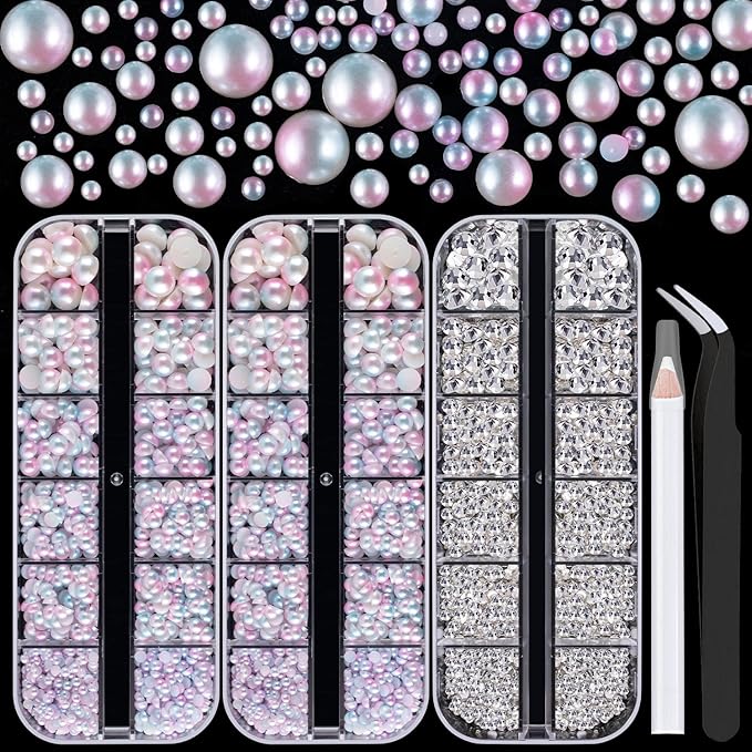 4000PCS Flatback Rhinestones and Half Round Pearls Kit #21, Multi Size Glass Clear Crystals, Plastic Flat Back Pink Mermaid Dome Bead with Pickup Pencil and Tweezer for Nail Art