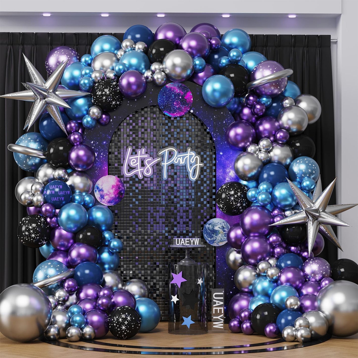 Galaxy Space Balloon Arch Garland Kit for Outer Party Decorations,144Pcs Chrome Metallic Blue Purple Silver Navy Blue Black Balloons for Boys Kids Baby Shower Party Solar System Supplies