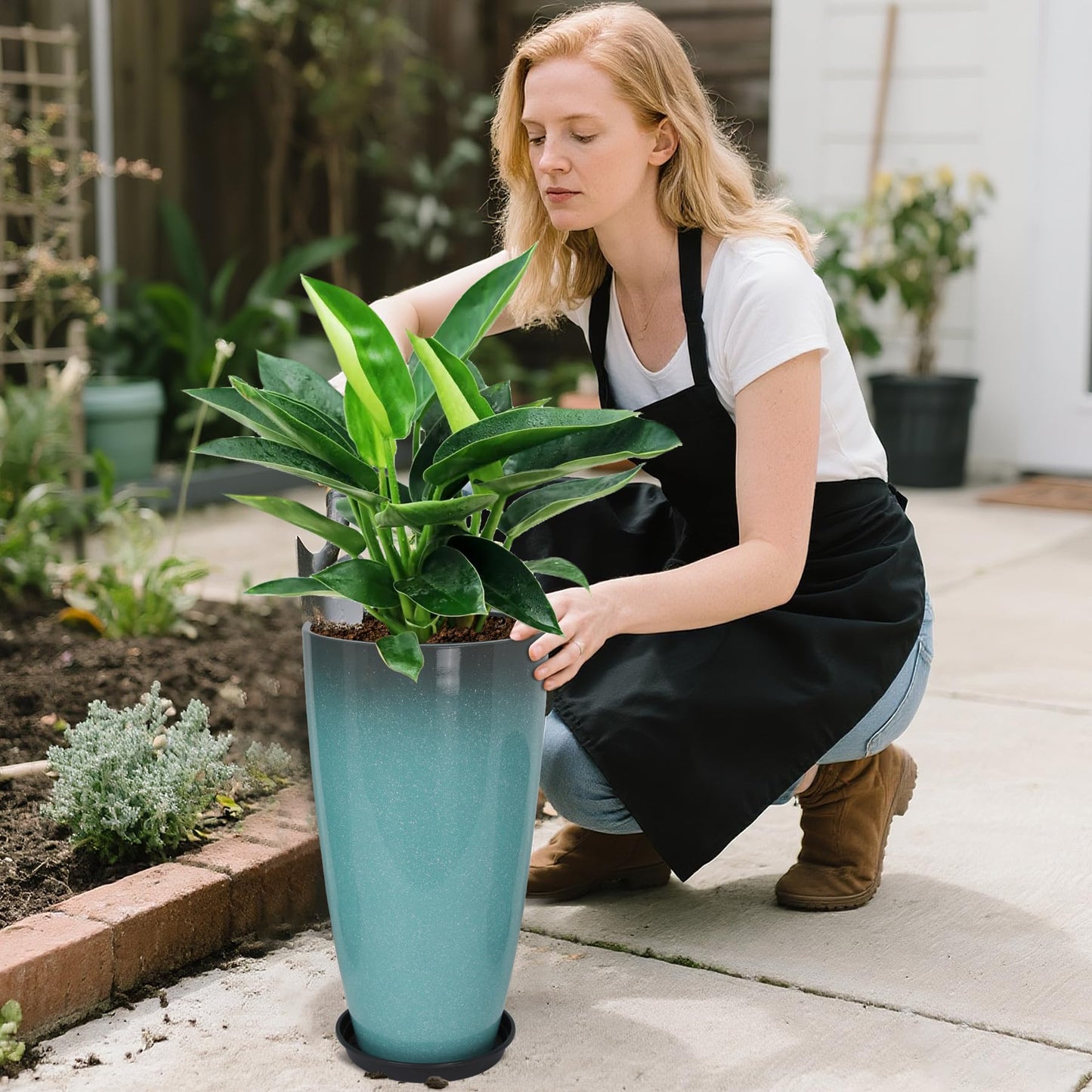 Neoaider 24/21/12 Inch Large Plastic Planter, Lightweight Ceramic-Look Tall Planters with Drain Hole & Saucers, Tall Plastic Planters for Porch, Garden, Patio, Balcony(Sky Blue)