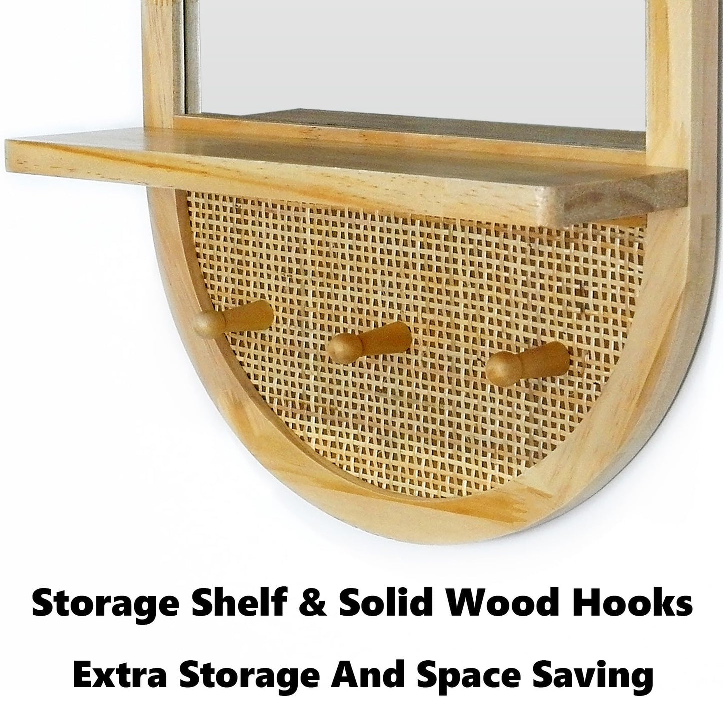 YXDXF Wood Wall Mirror with Hooks, 30x18 Inch Boho Wall Mirror with Removable Shelf, Oval Solid Wood Framed, Handmade Rattan Mirror Decor Accent for Entryway, Bathroom, Nursery, Bedroom, Living Room
