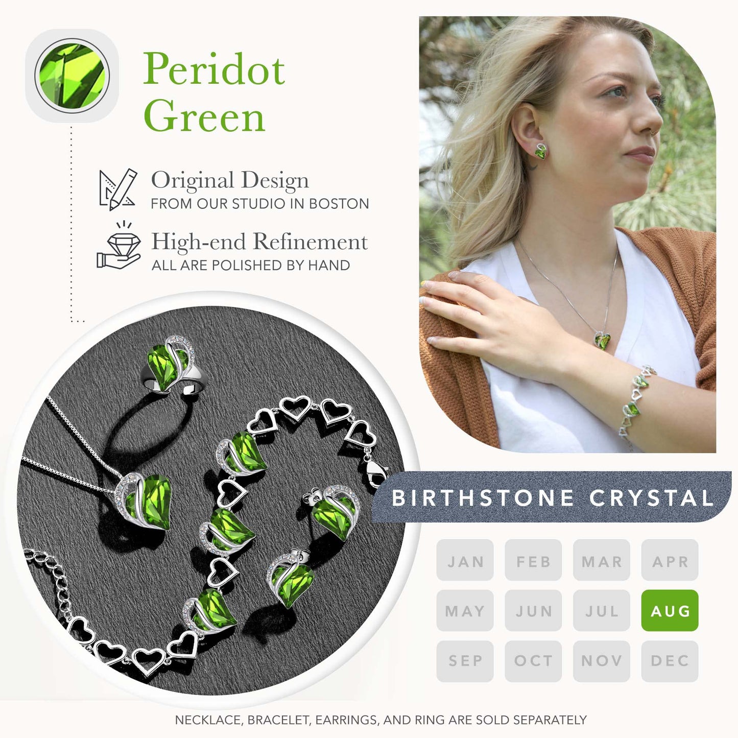Leafael Infinity Love Heart Gift Bracelet for Women, August Birthstone Crystal, Peridot Green, Silver Tone, 7-inch Chain and 2-inch Extender