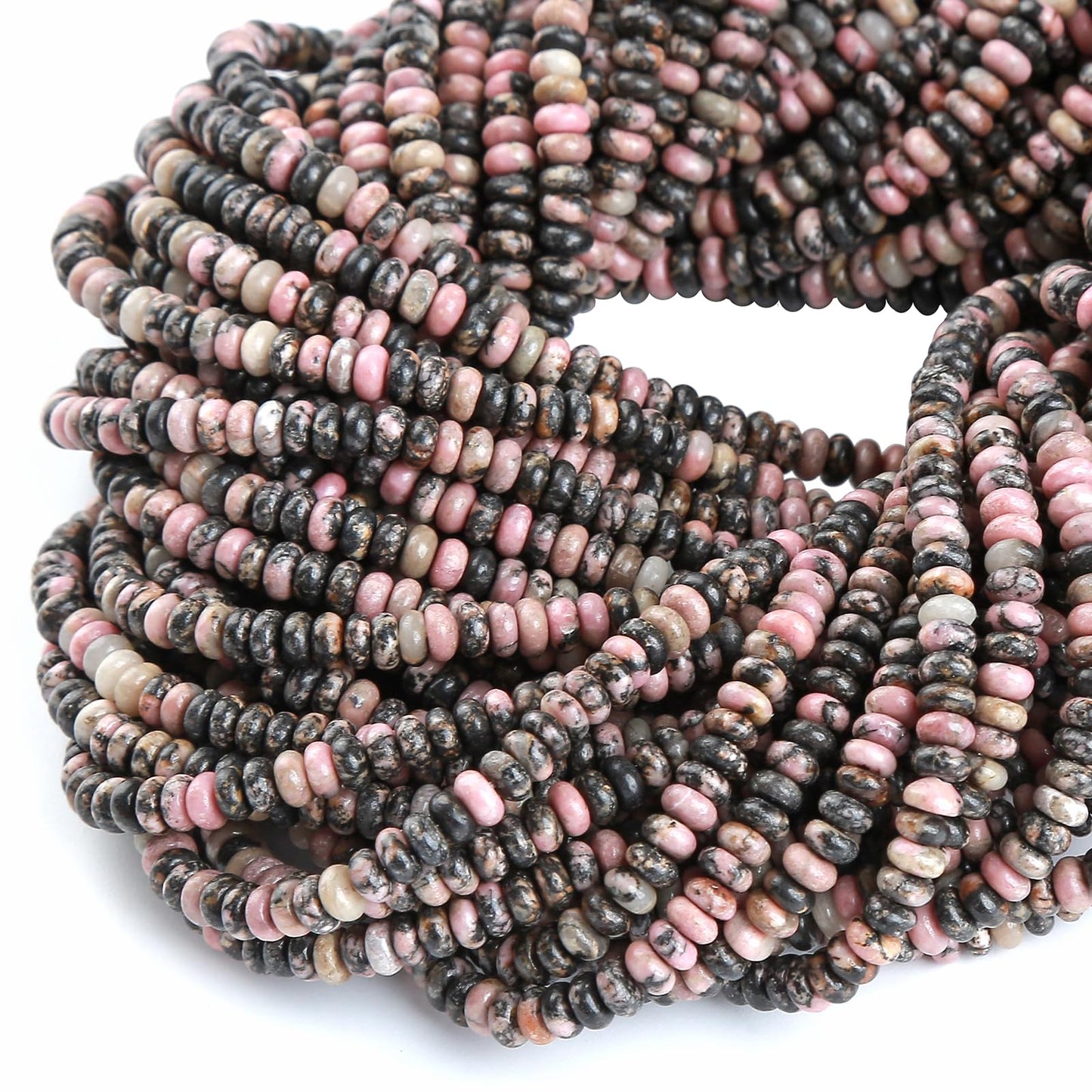 150PCS 2x4mm Natural Black Lace Rhodonite Rondelle Beads Abacus Disk Stone Beads Round Loose Spacer Gemstone Beads for DIY Bracelet Necklace Jewelry Making